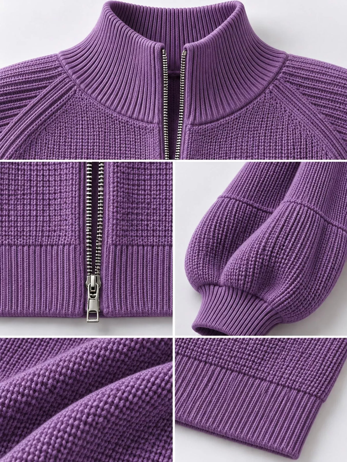 full size elegant ribbed knit zip-up cardigan with | dropsona - neutral - close-up detail