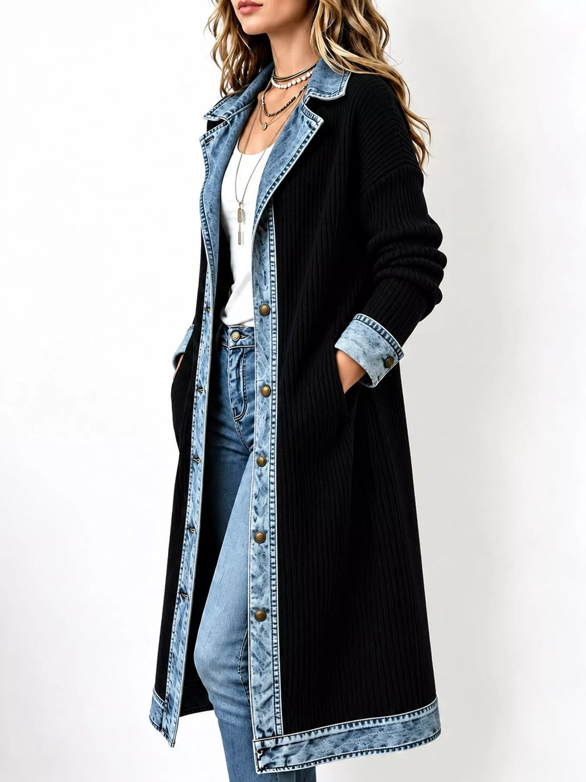 full size denim-trimmed ribbed knit longline cardigan | dropsona - neutral - close-up detail