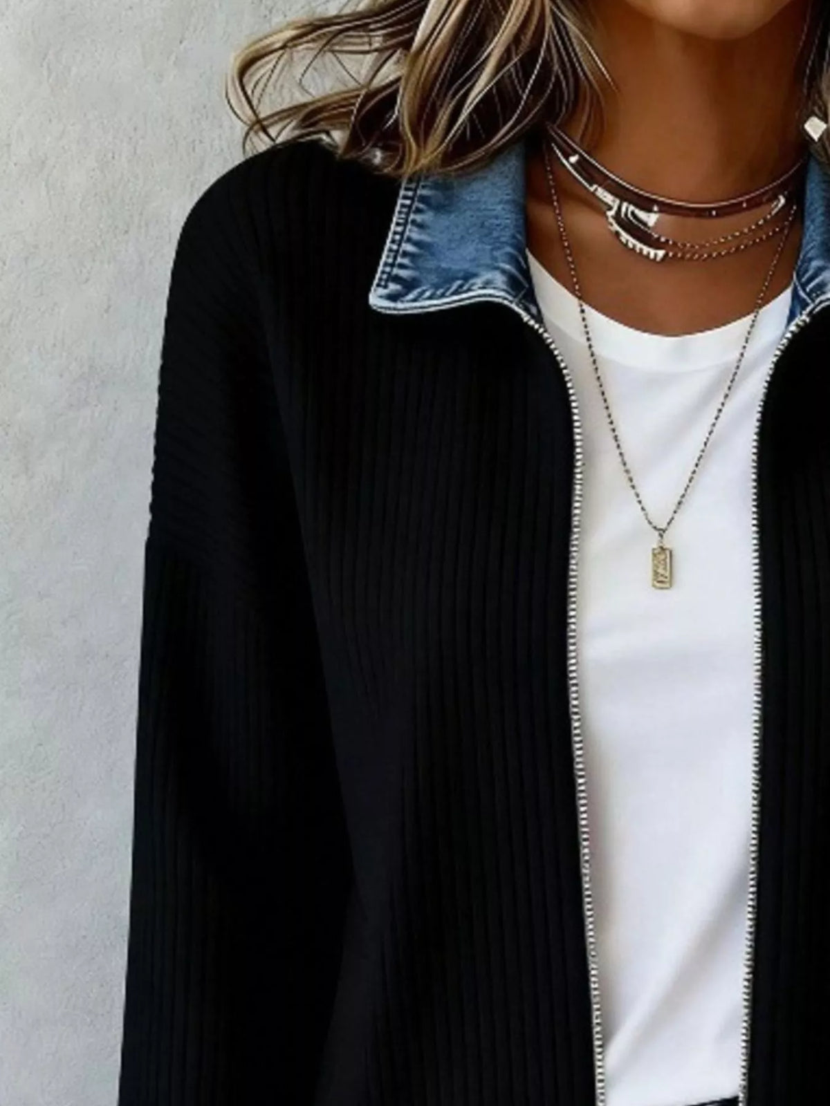 contrast denim collar ribbed knit jacket – zipper | dropsona - neutral - material texture