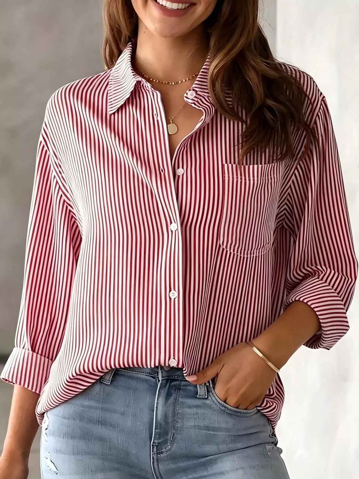 full size striped button-down long sleeve shirt plus | dropsona - neutral - close-up detail