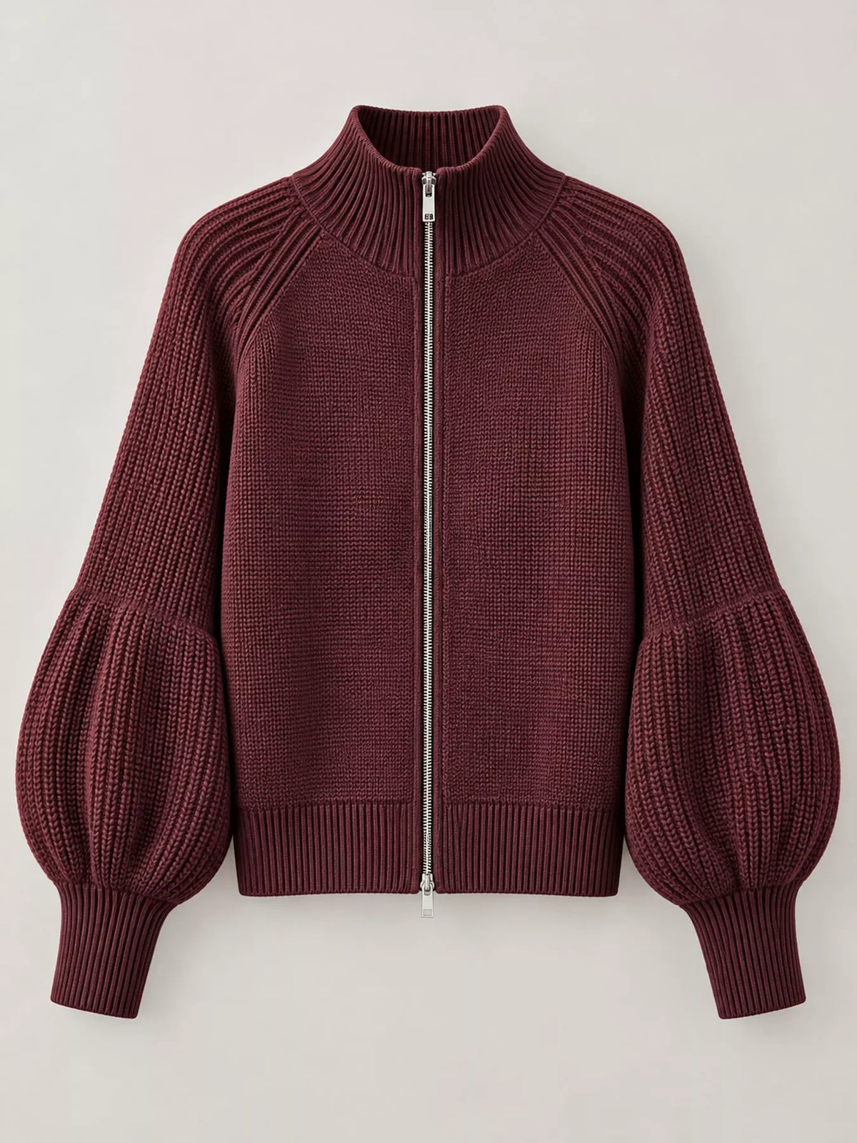 ribbed knit zip-up cardigan with lantern sleeves | dropsona - neutral - material texture