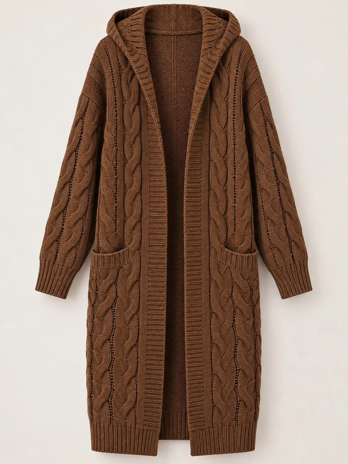 full size hooded cable knit longline cardigan plus | dropsona - neutral - front view