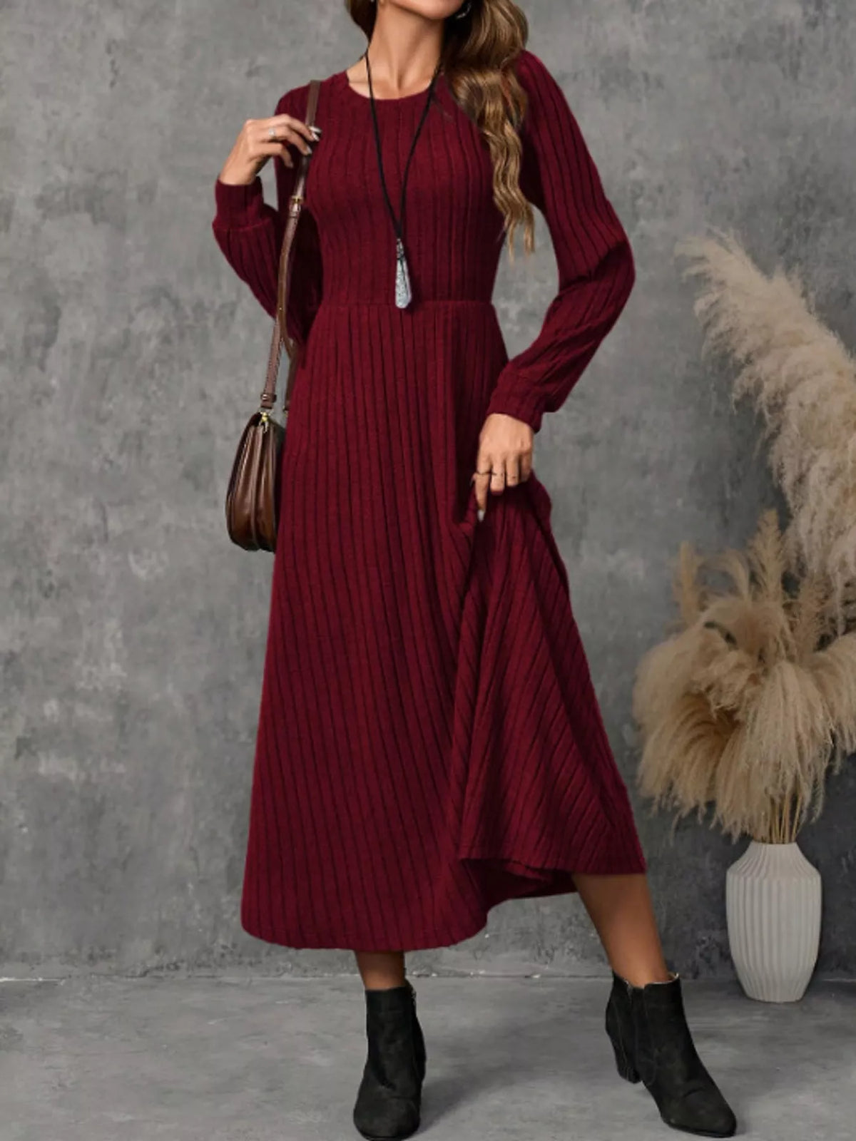ribbed knit long sleeve a-line midi dress – | dropsona - neutral - material texture