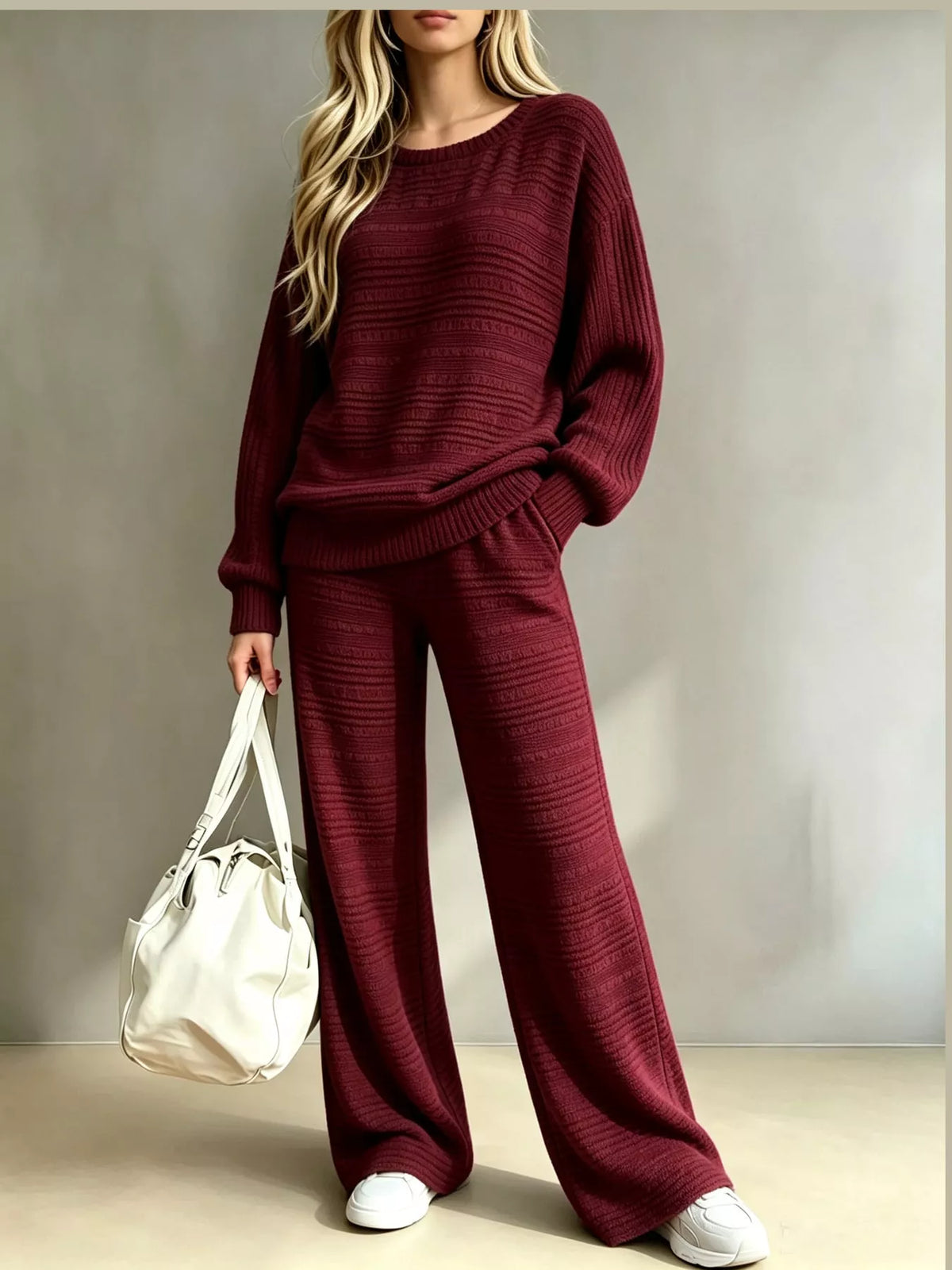 cozy ribbed knit top and wide-leg pants set | dropsona - neutral - size reference