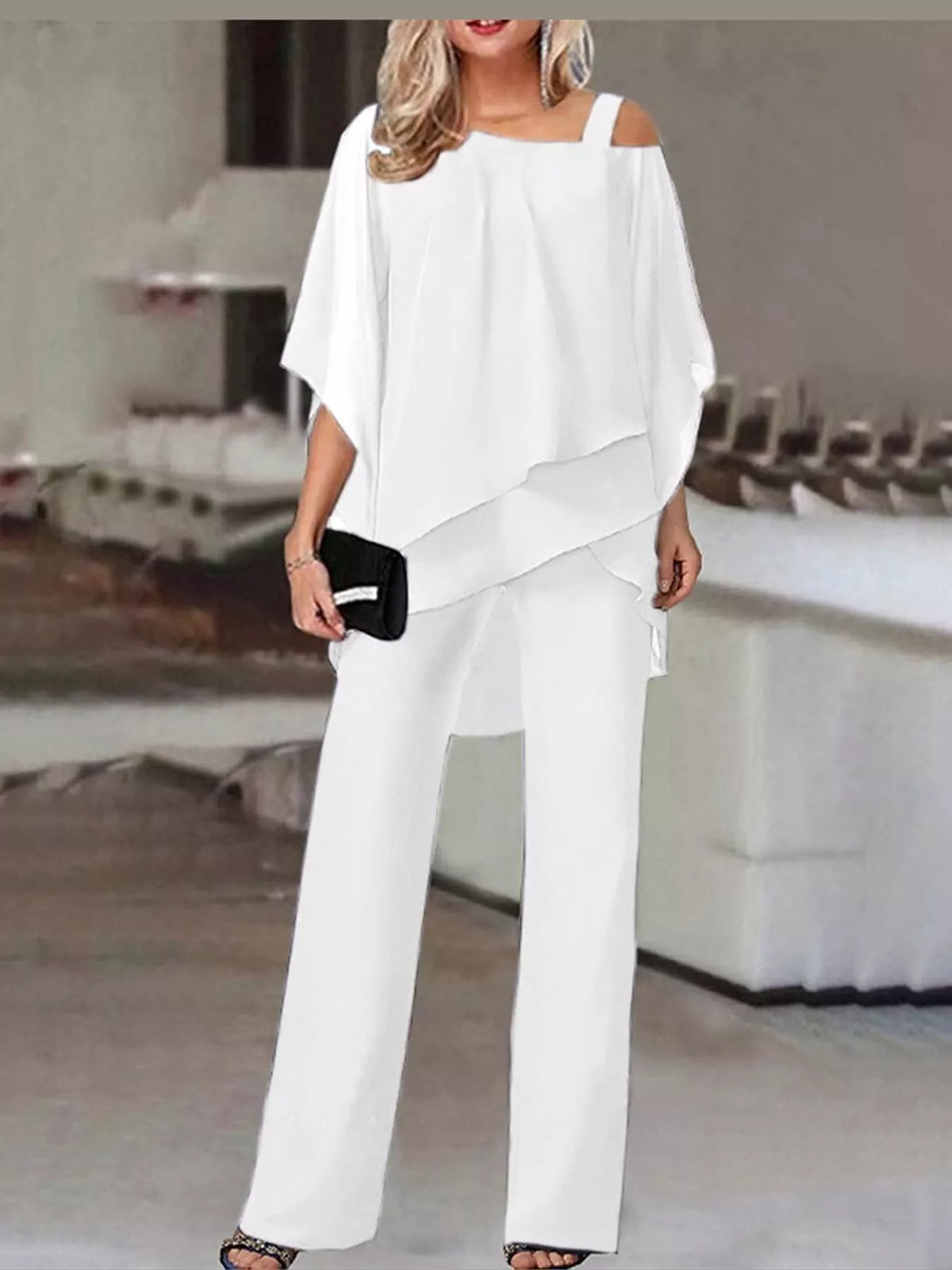 full size cold-shoulder layered top and wide-leg | dropsona - neutral - everyday use