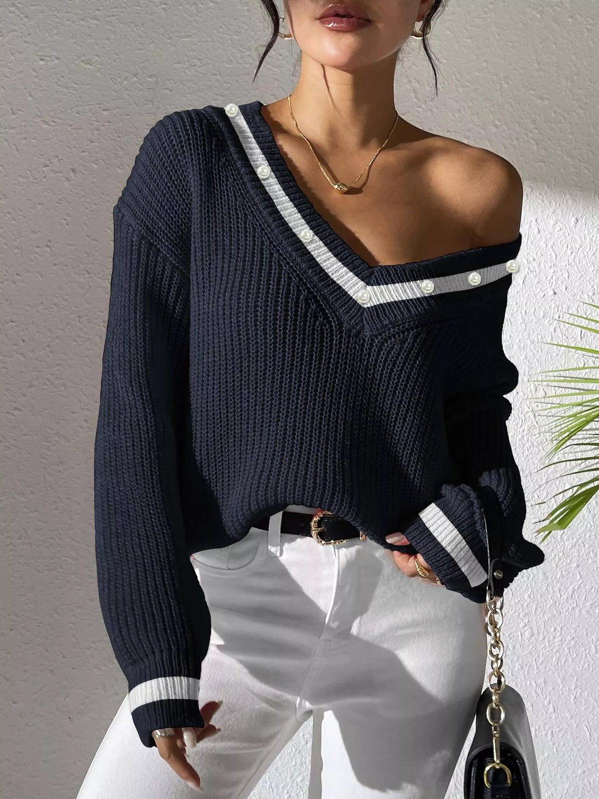 v-neck contrast trim sweater with pearl decor | dropsona - neutral - material texture