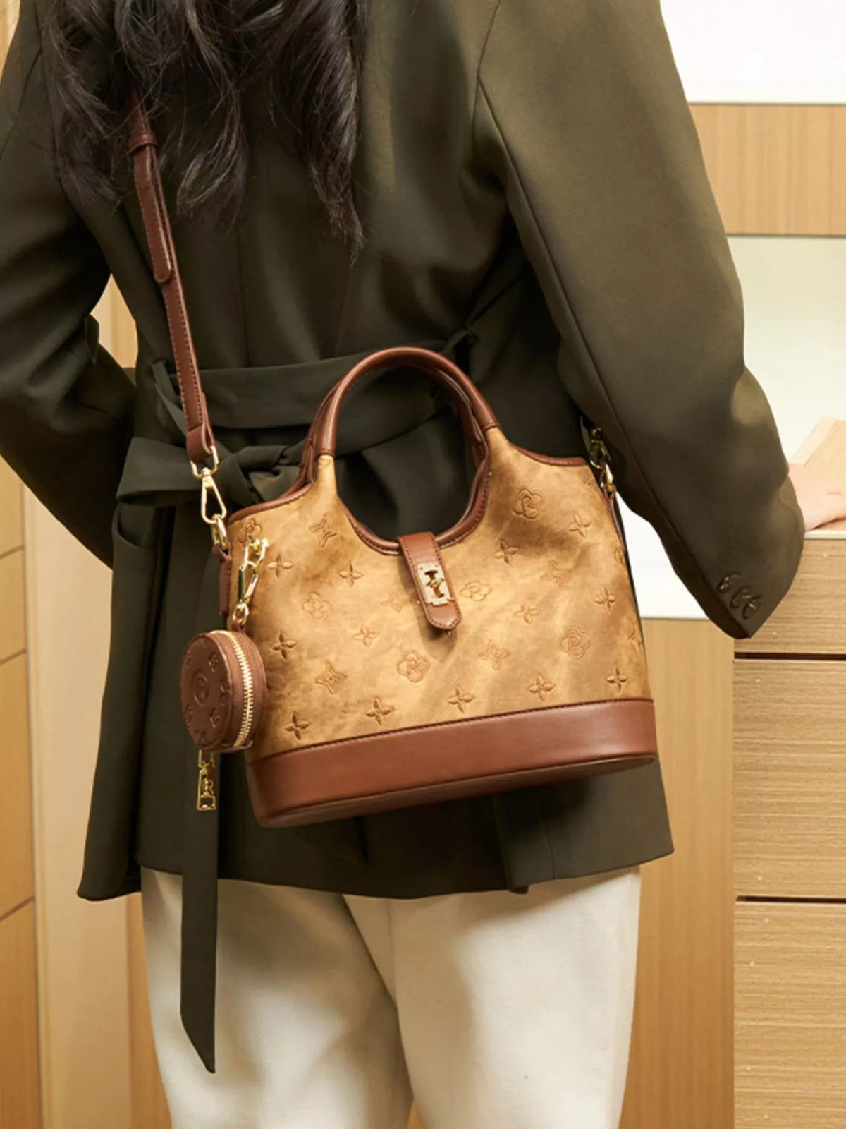 embossed crossbody bag with detachable coin pouch | dropsona - neutral - usage example