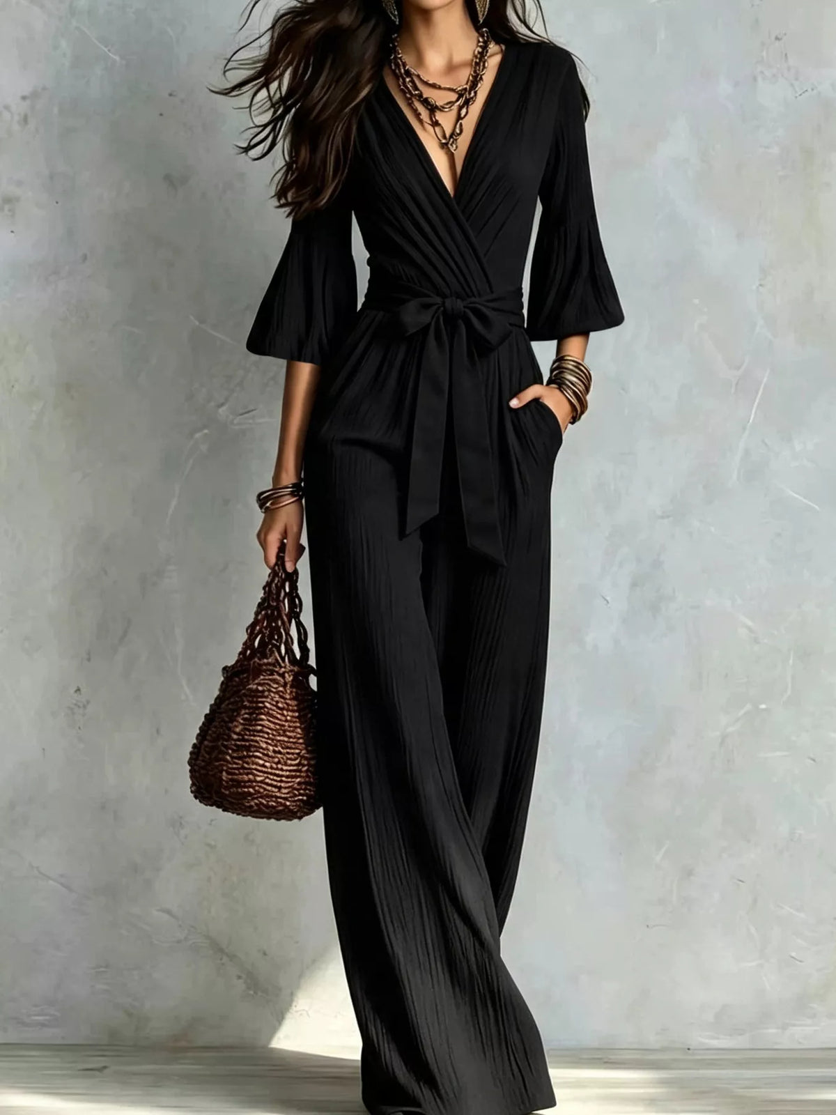 pleated wide-leg jumpsuit with tie-waist | dropsona - neutral - everyday use