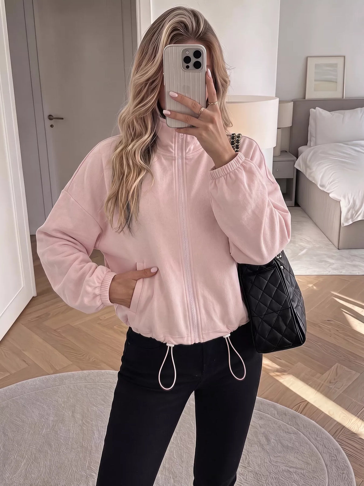 zip-up drawstring hem sweatshirt | dropsona - neutral - size reference