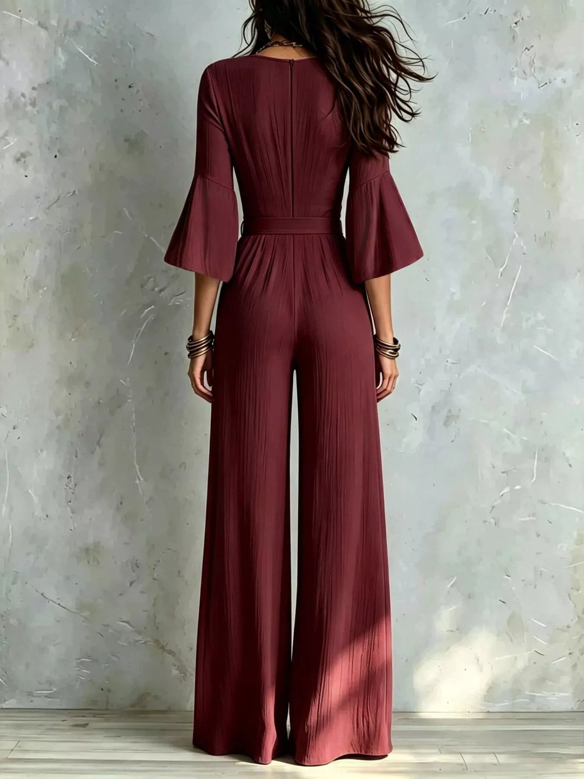 pleated wide-leg jumpsuit with tie-waist | dropsona - neutral - usage example