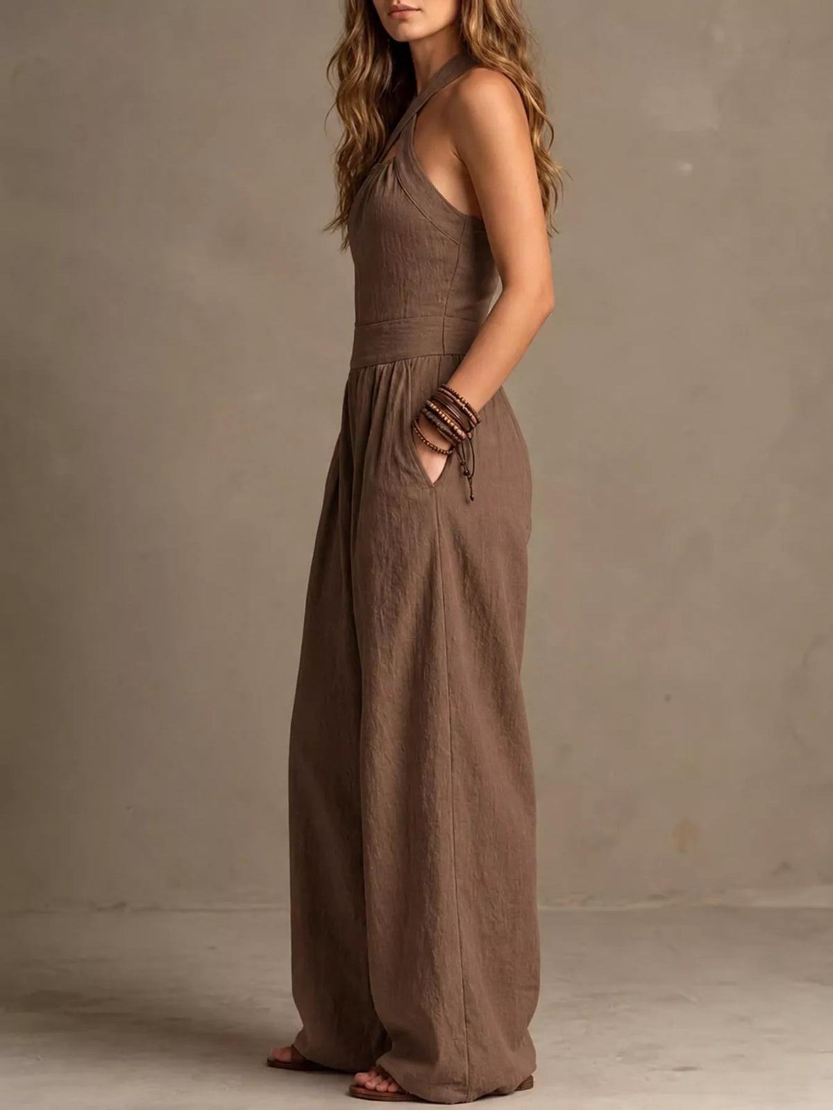 full size halter neck wide-leg jumpsuit plus | dropsona - neutral - size reference