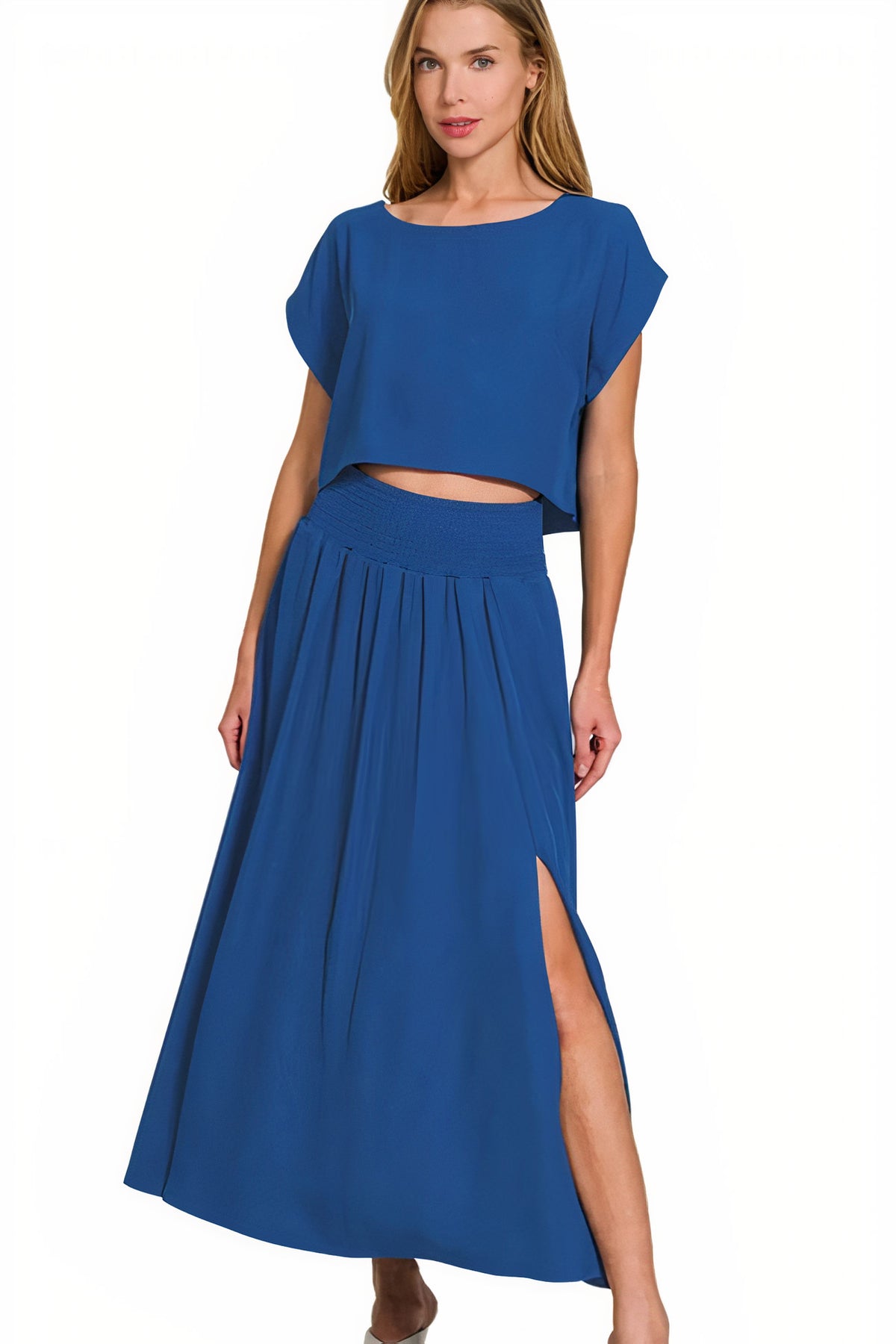 zenana heavy woven span crop tee & skirt set - everyday wear