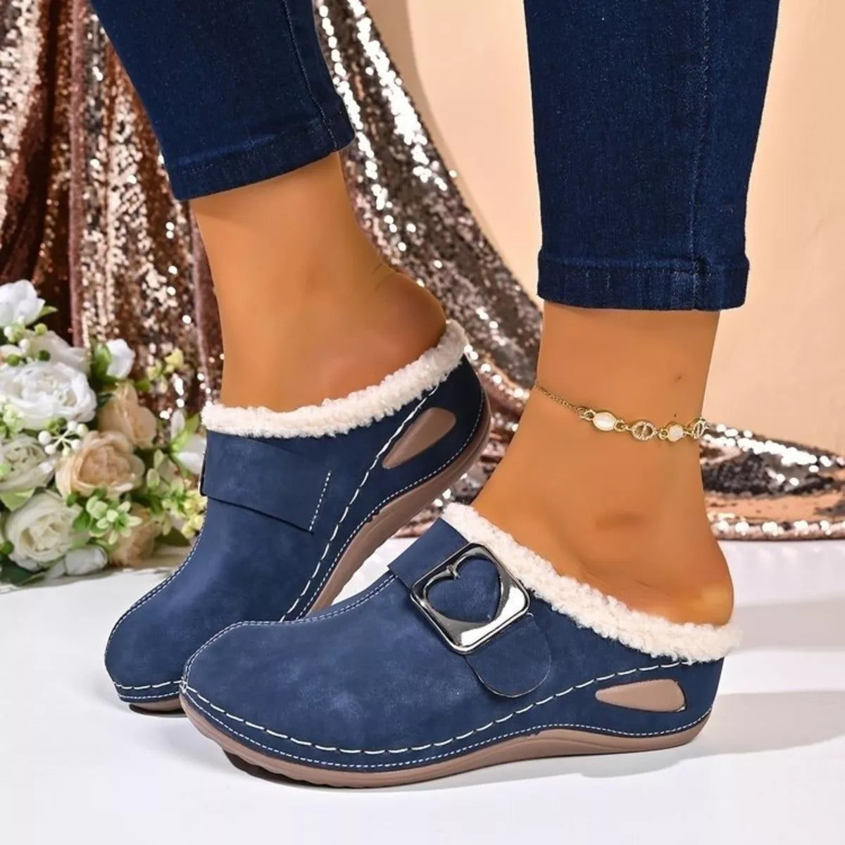 faux fur lined heart buckle slip-ons | dropsona - neutral - front view