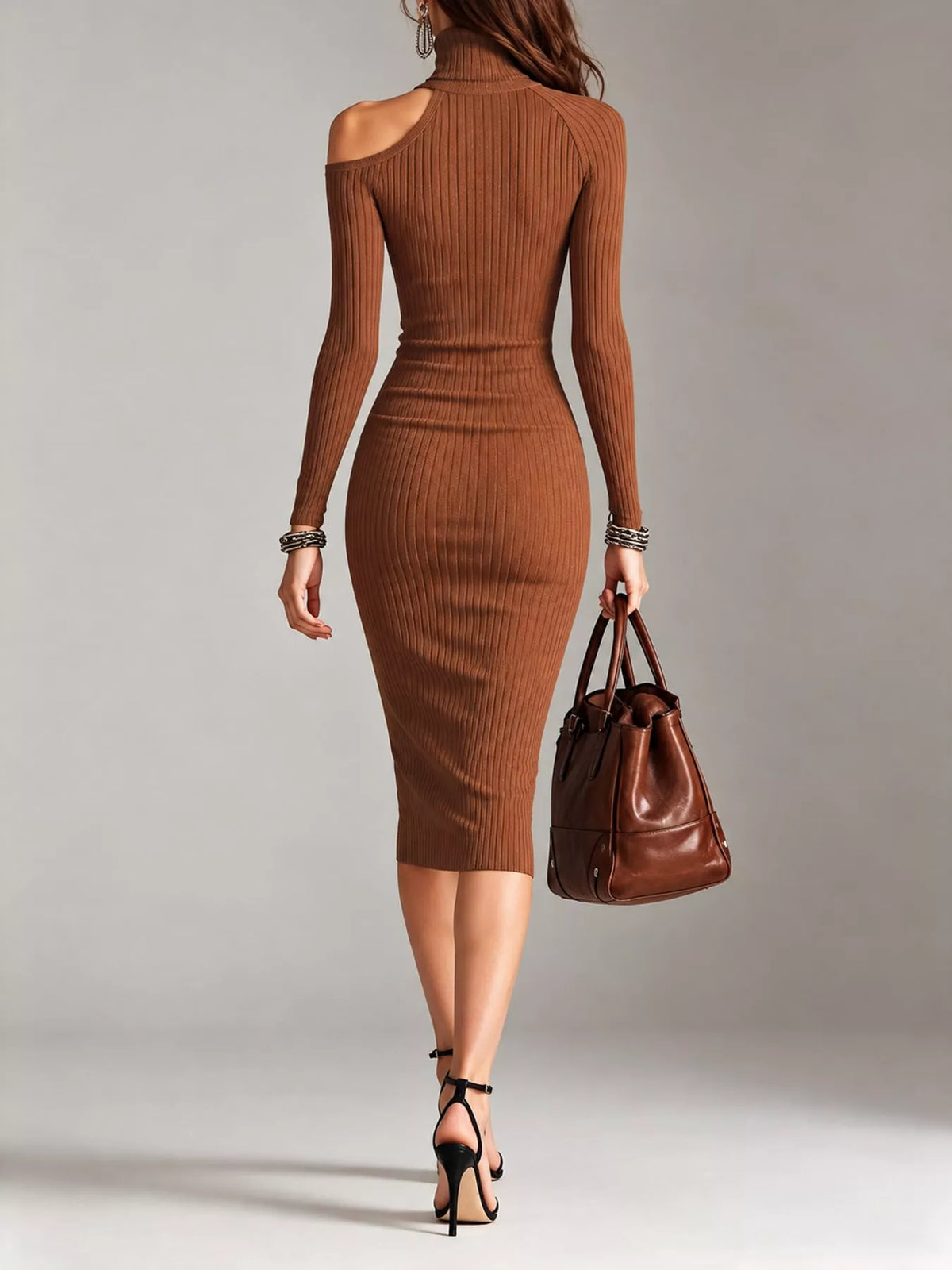 cold-shoulder turtleneck ribbed knit dress | dropsona - neutral - size reference