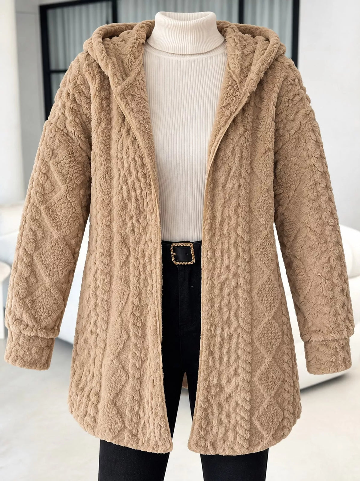 zip up fuzzy hooded outerwear – basic style fit | dropsona - neutral - size reference