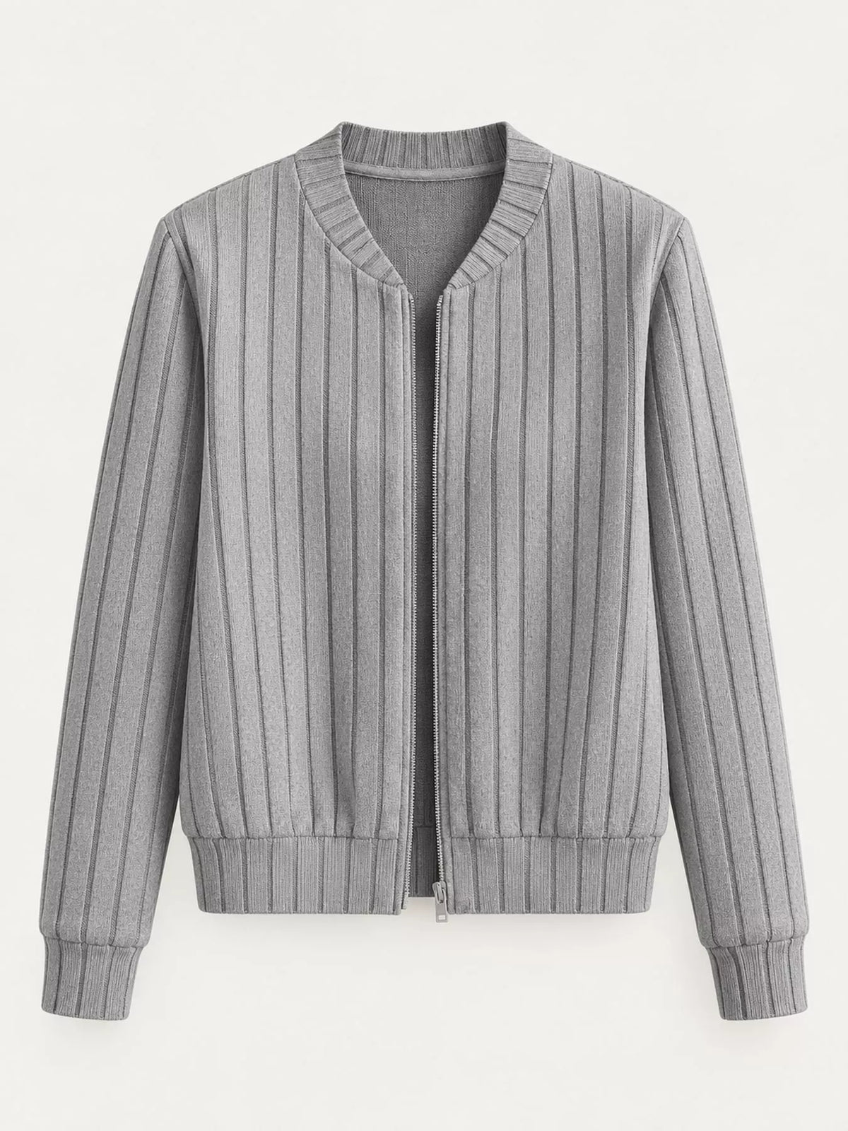 ribbed knit zip-up bomber jacket – zipper,ribbed fit | dropsona - neutral - front view