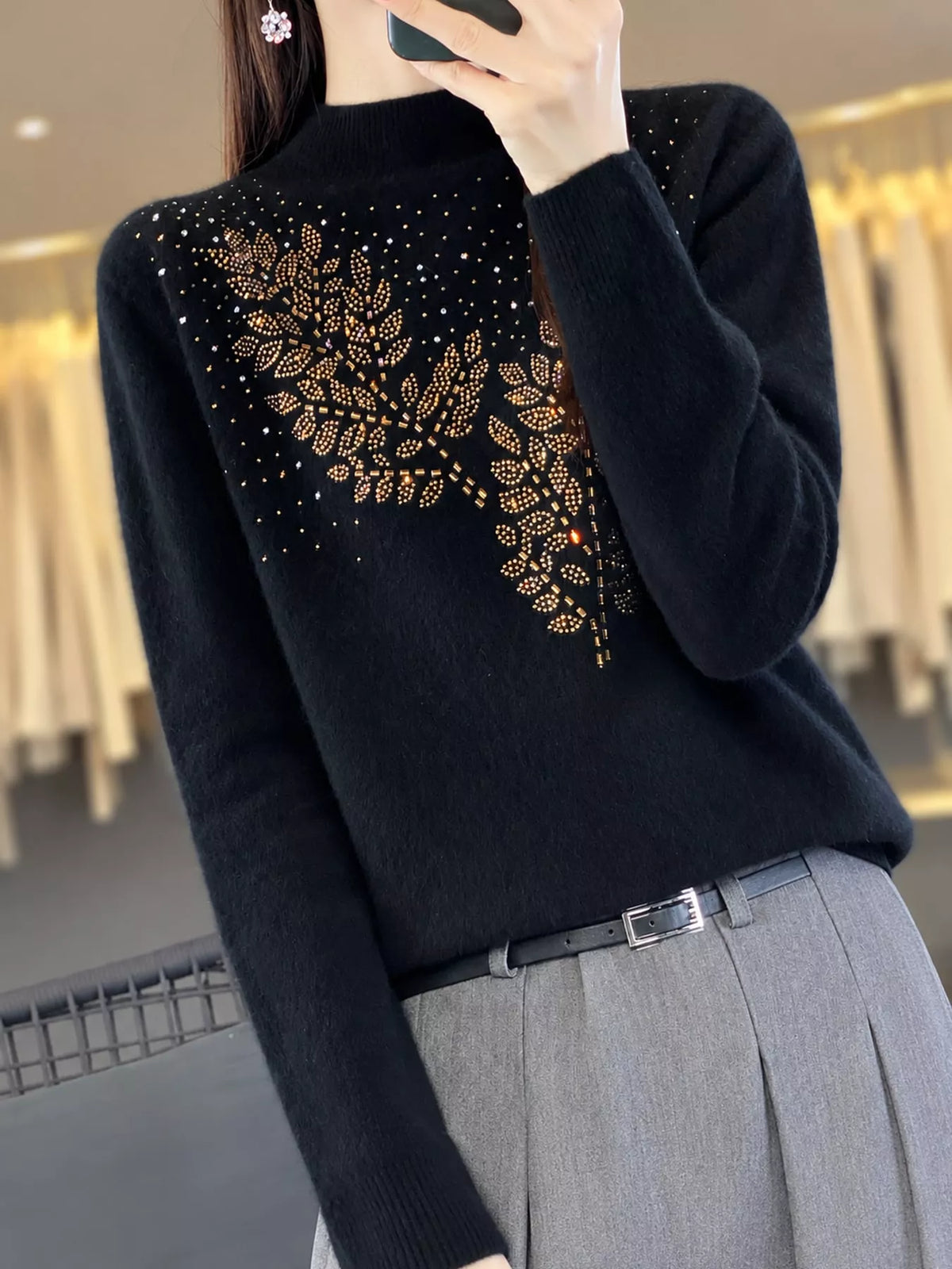 rhinestone leaf mock neck sweater | dropsona polyester - neutral - front view