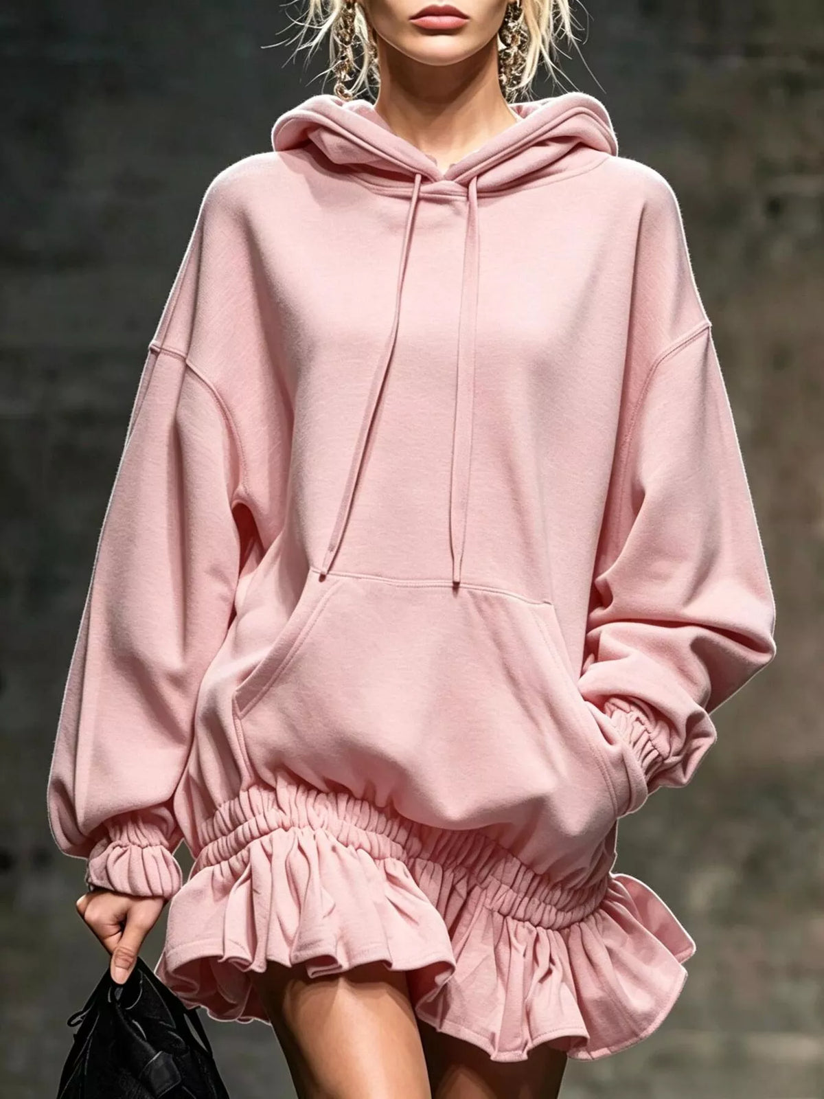 casual chic hoodie sweatshirt mini dress with ruffled | dropsona - neutral - material texture