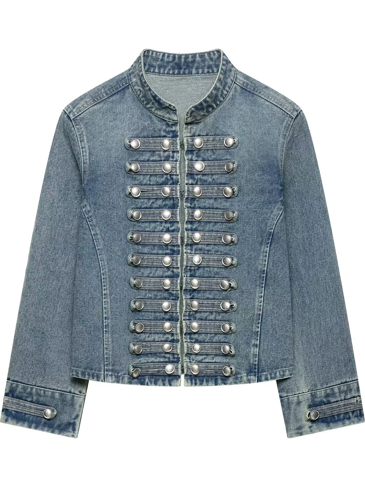 decorative button cropped denim jacket | dropsona - neutral - front view