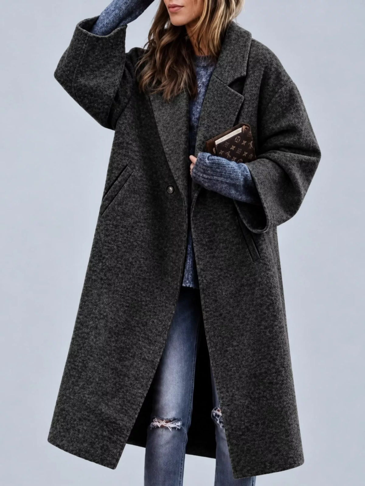 full size lapel collar one button coat plus | dropsona - neutral - front view