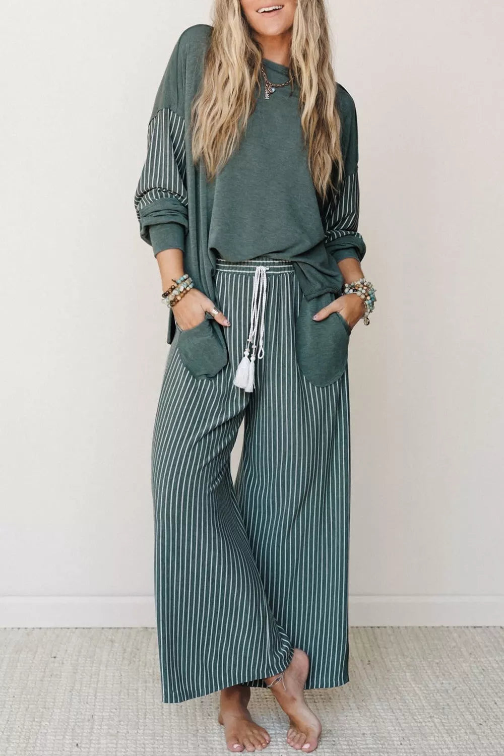 raw seam patchwork long sleeve top pocket casual | dropsona - neutral - usage example