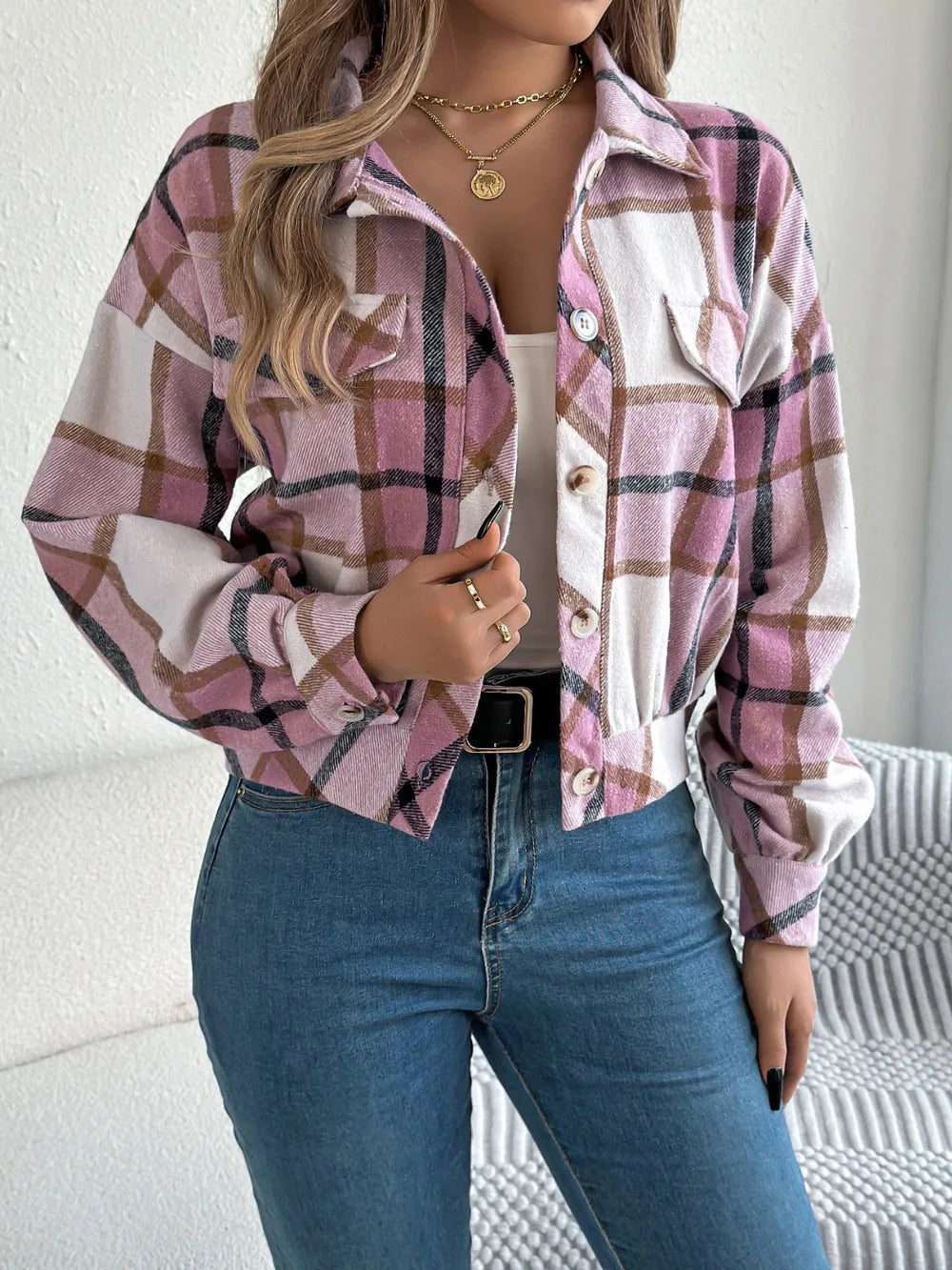 plaid button up long sleeve jacket – buttoned | dropsona - neutral - packaging