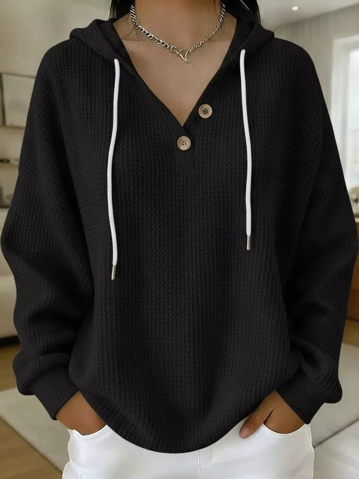 full size waffle knit button detail hoodie plus | dropsona - neutral - front view