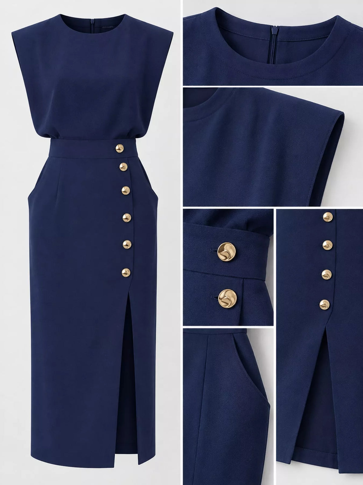 sleeveless midi dress with gold button detail and | dropsona - neutral - material texture