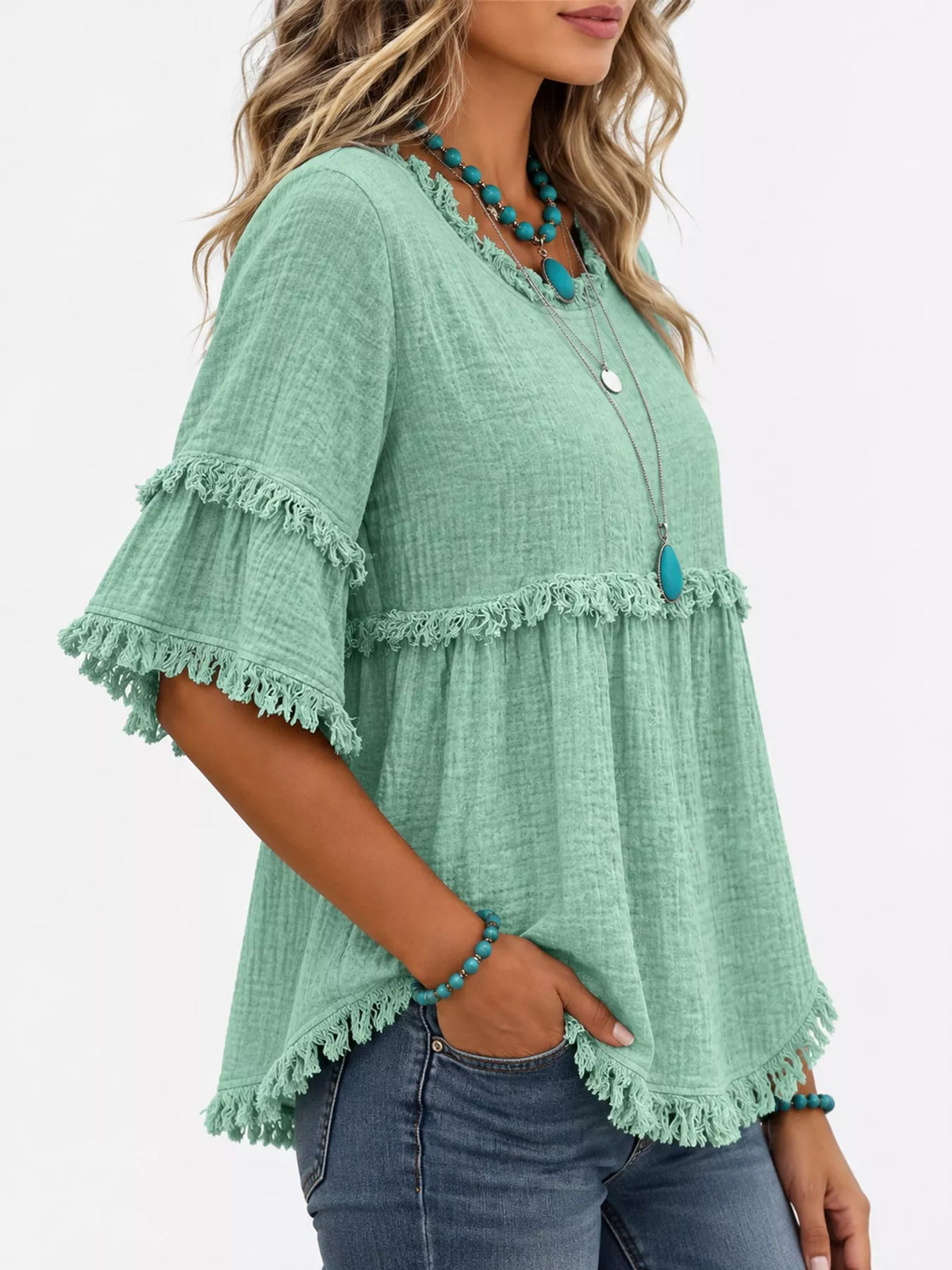 full size frayed edge textured blouse plus | dropsona - neutral - packaging