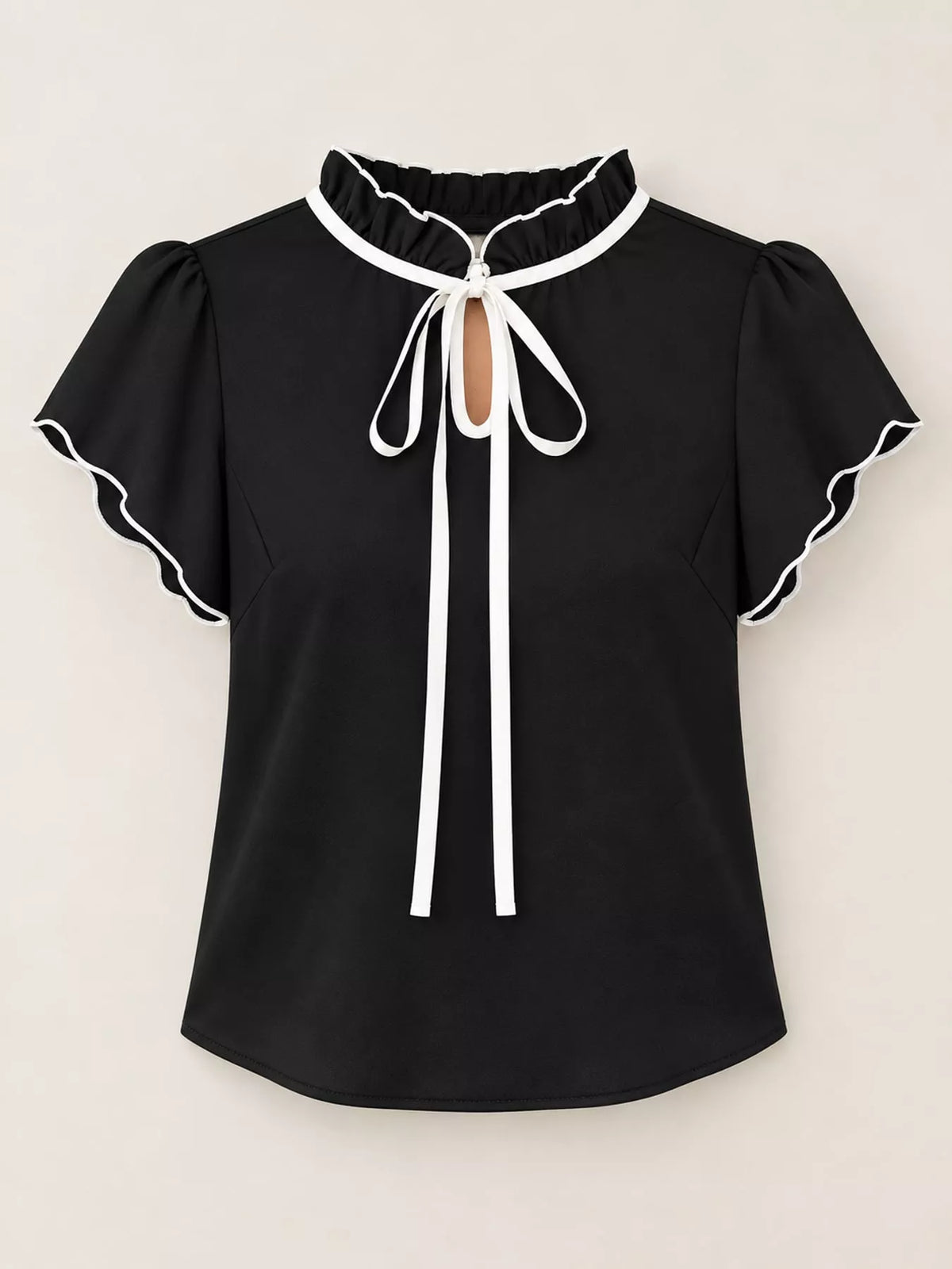 contrast trim ruffle sleeve tie-front blouse | dropsona - neutral - front view