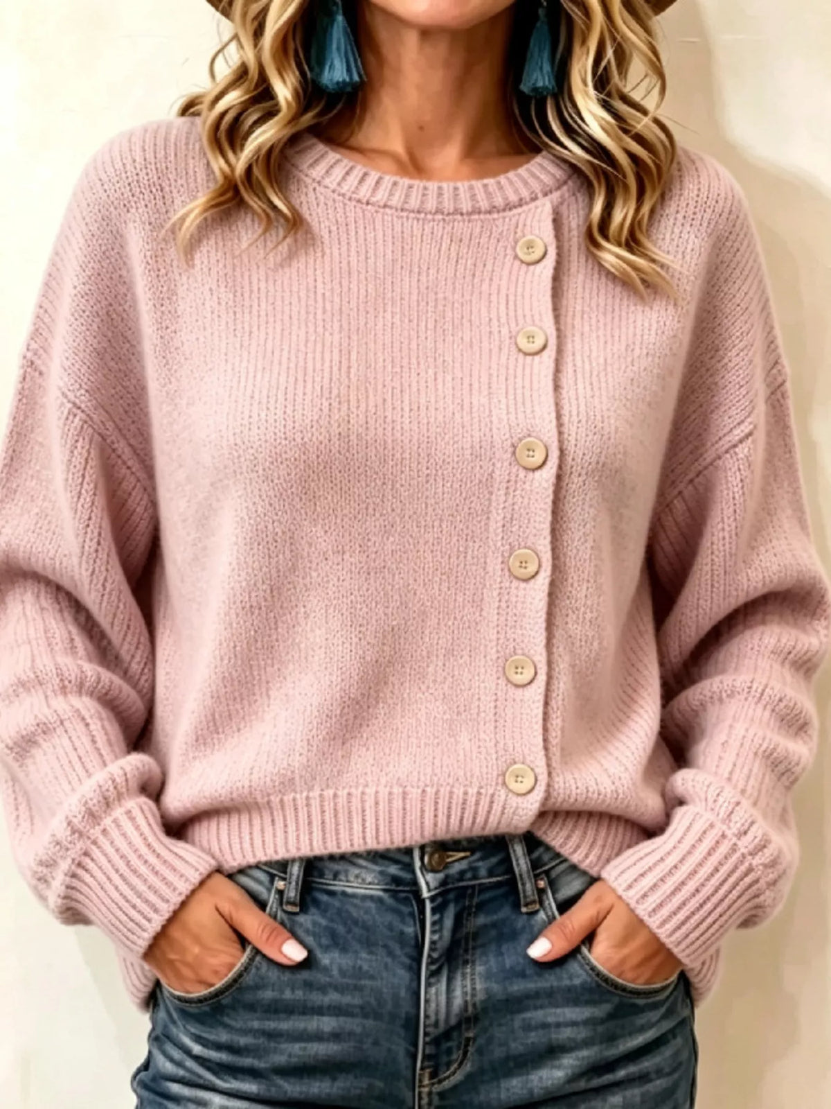 decorative button dropped shoulder sweater – buttoned | dropsona - neutral - packaging
