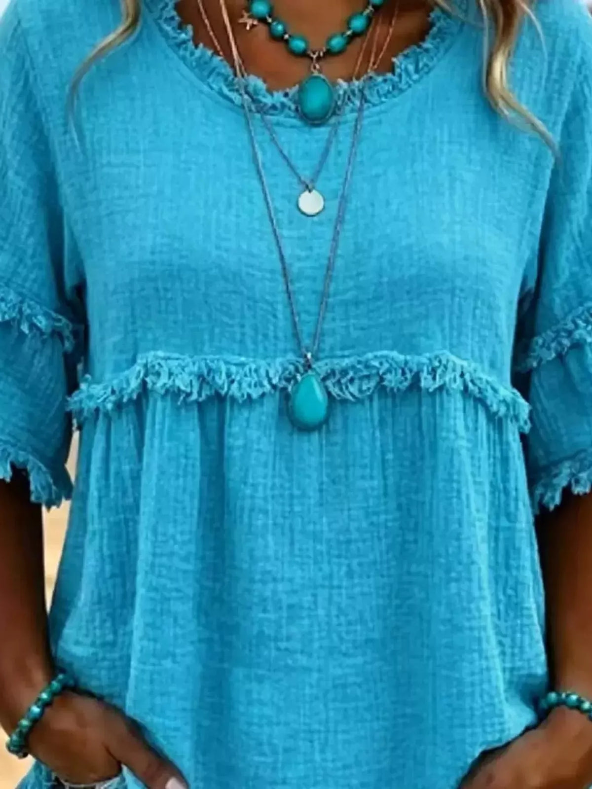 full size frayed edge textured blouse plus | dropsona - neutral - front view