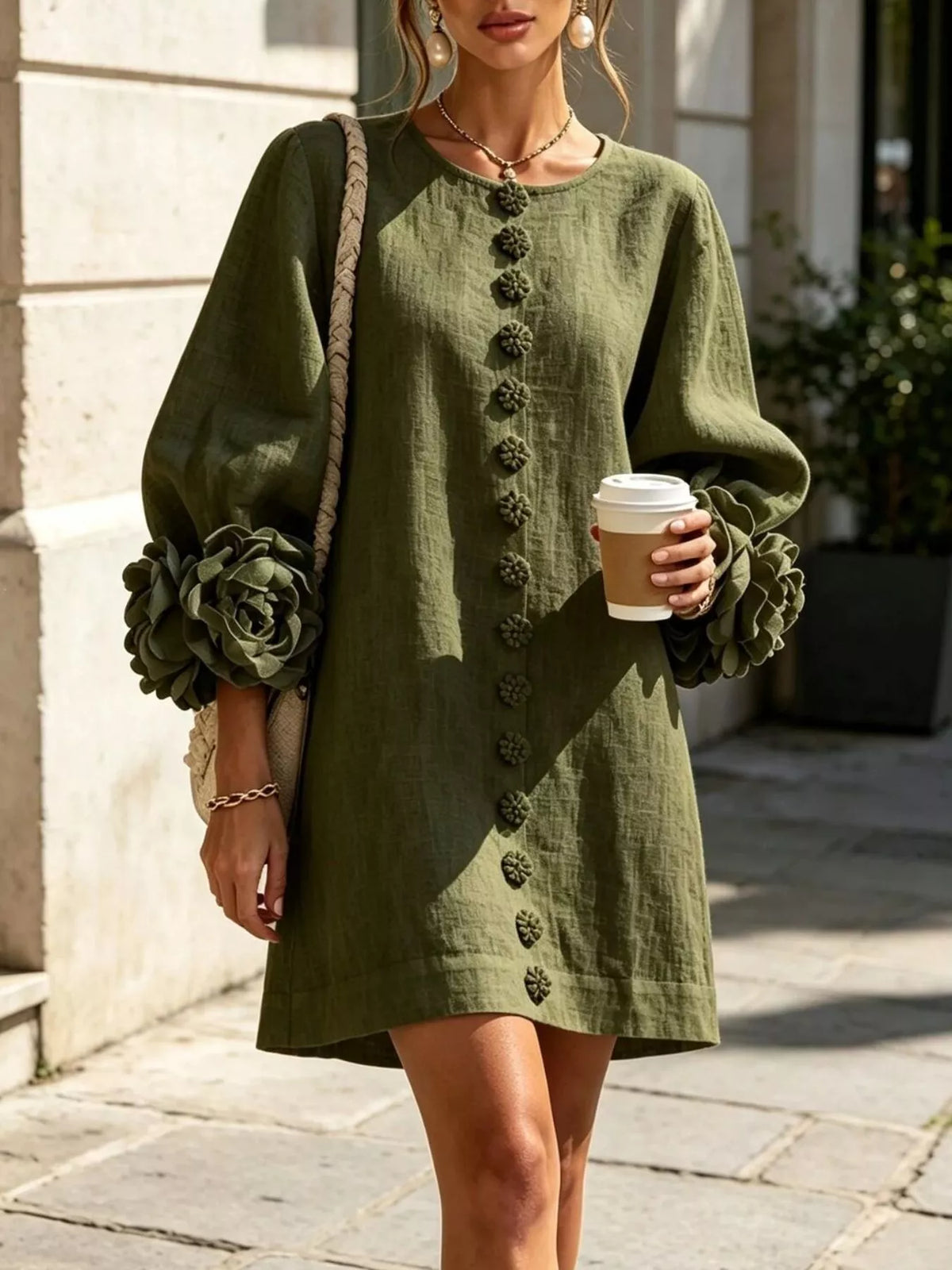 full size 3d floral sleeve round neck dress plus | dropsona - neutral - usage example