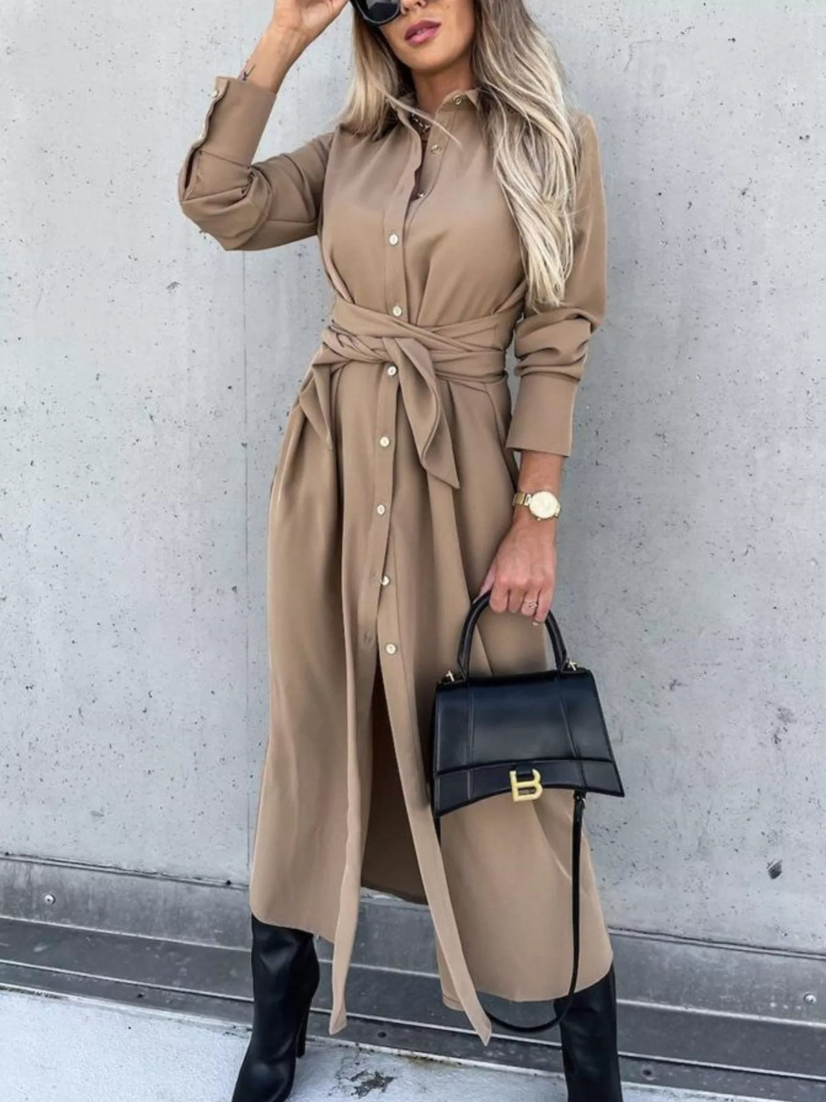 full size tie waist long sleeve shirt dress plus | dropsona - neutral - everyday use
