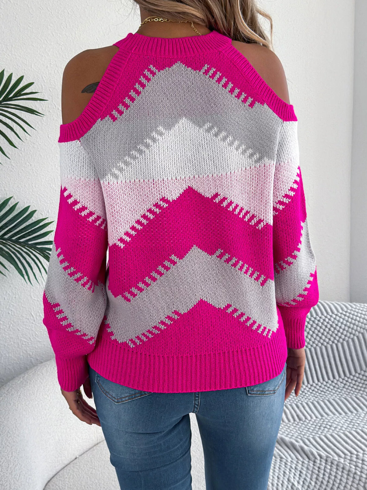 cold shoulder chevron pattern knit sweater | dropsona - neutral - usage example