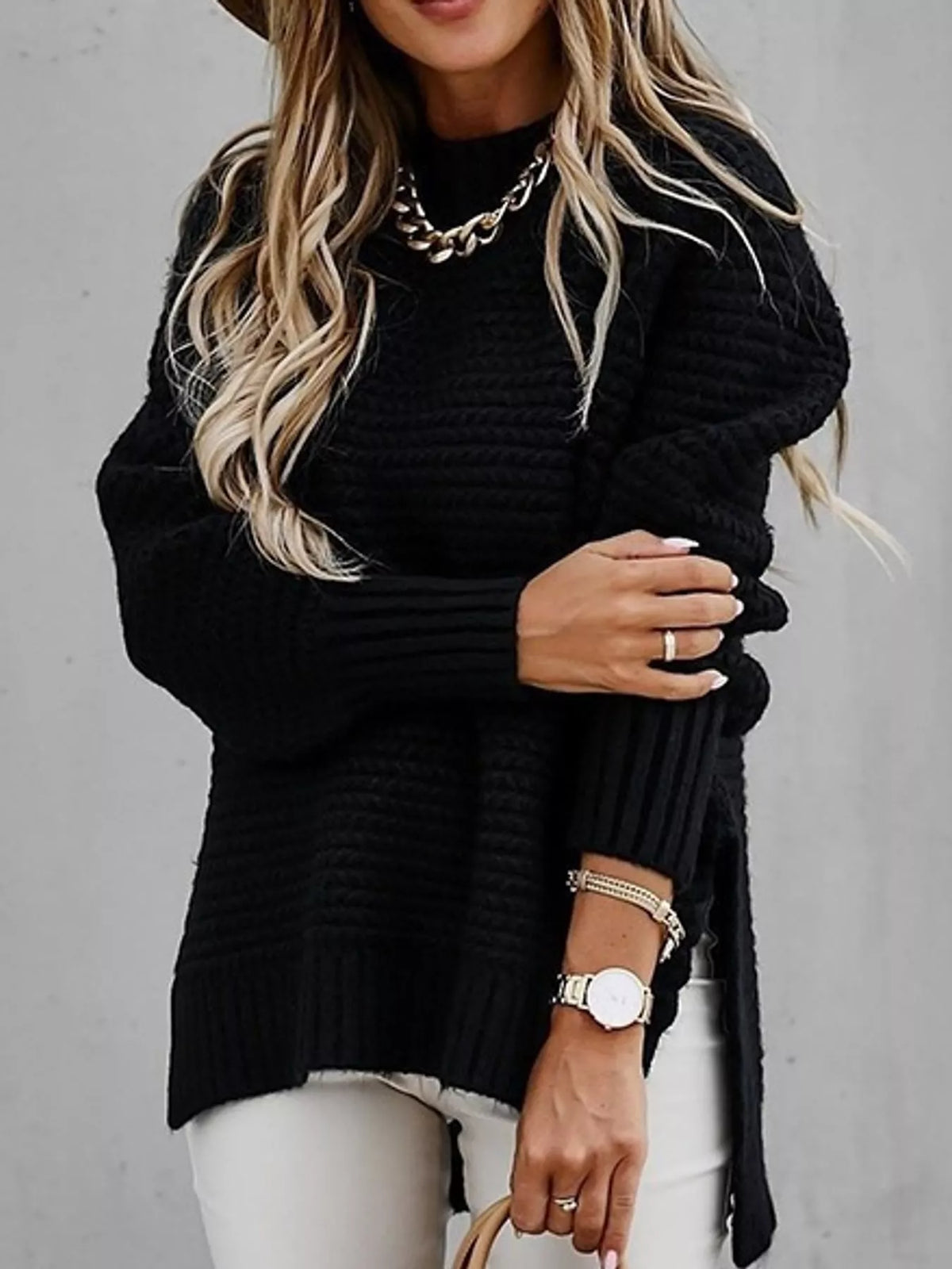 side slit textured knit sweater – ribbed,slit fit | dropsona - neutral - front view