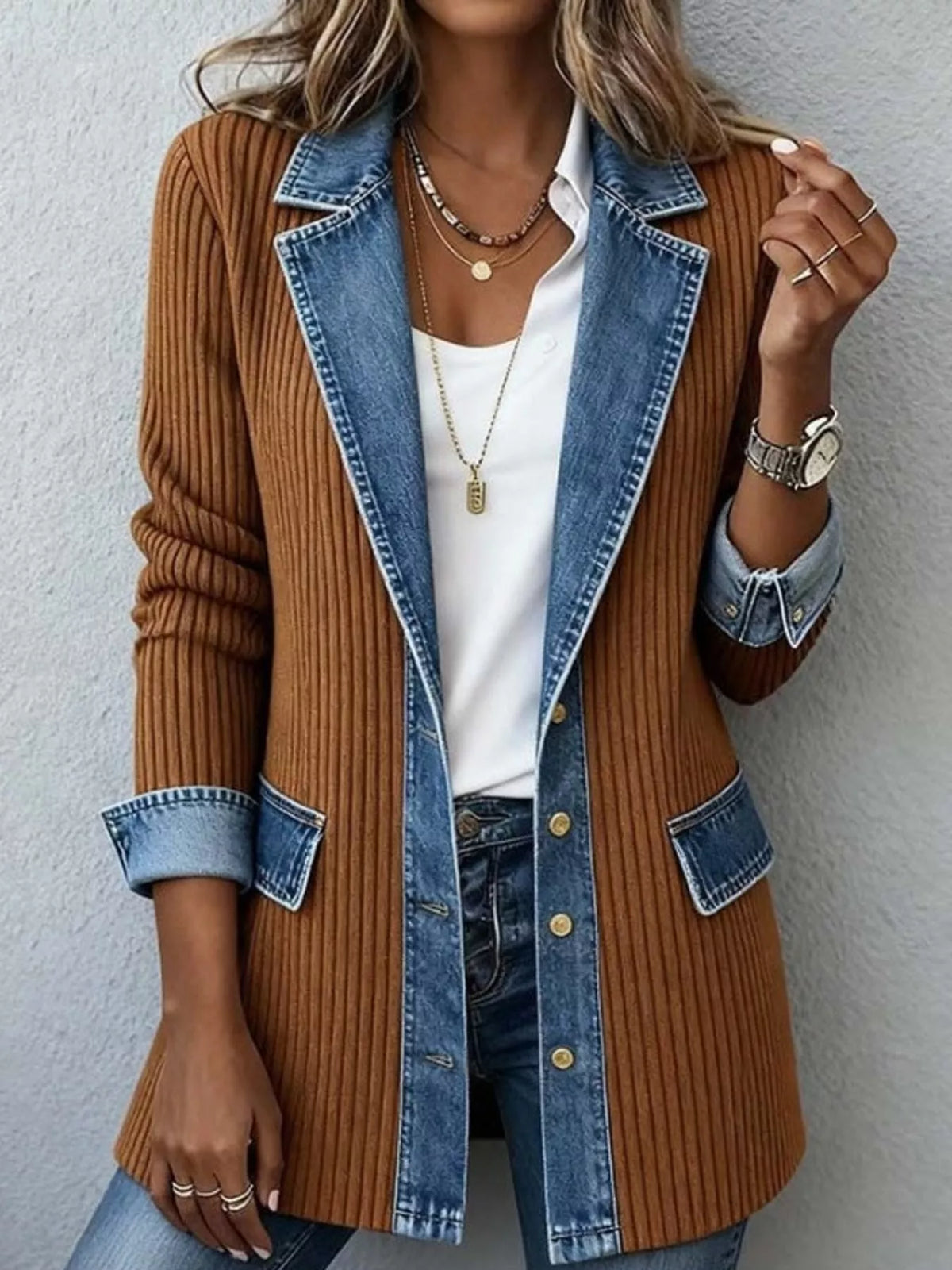 full size denim trim ribbed knit cardigan plus | dropsona - neutral - front view