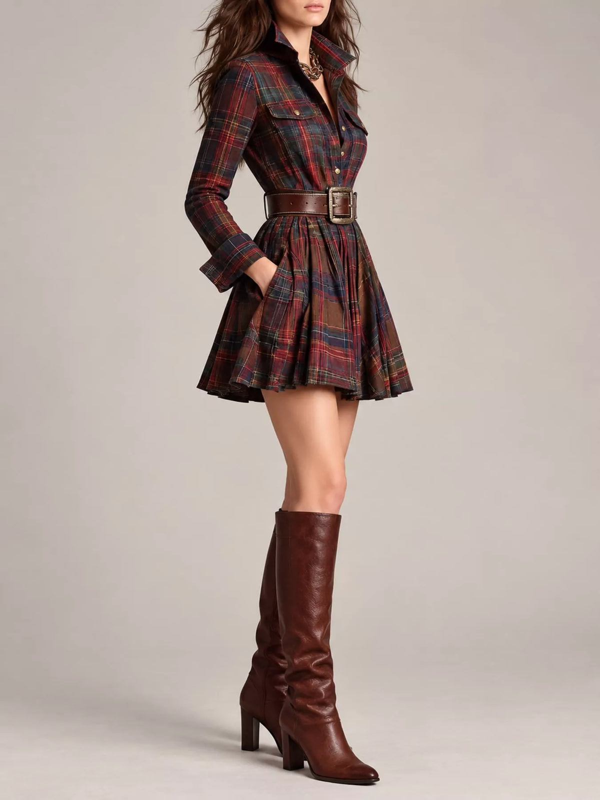 plaid long-sleeve shirt dress | dropsona - neutral - front view