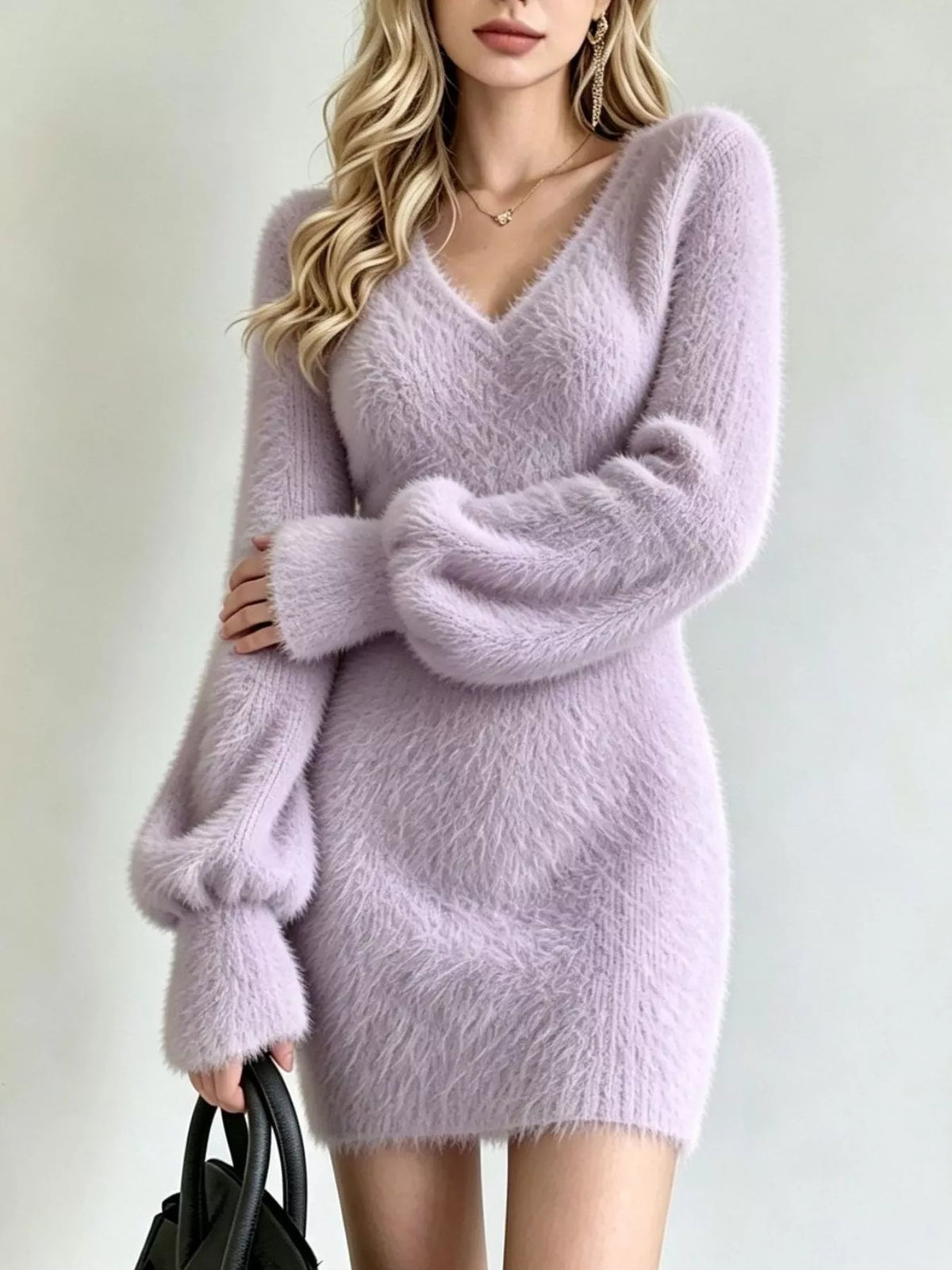fuzzy v-neck long sleeve sweater dress – basic style | dropsona - neutral - packaging