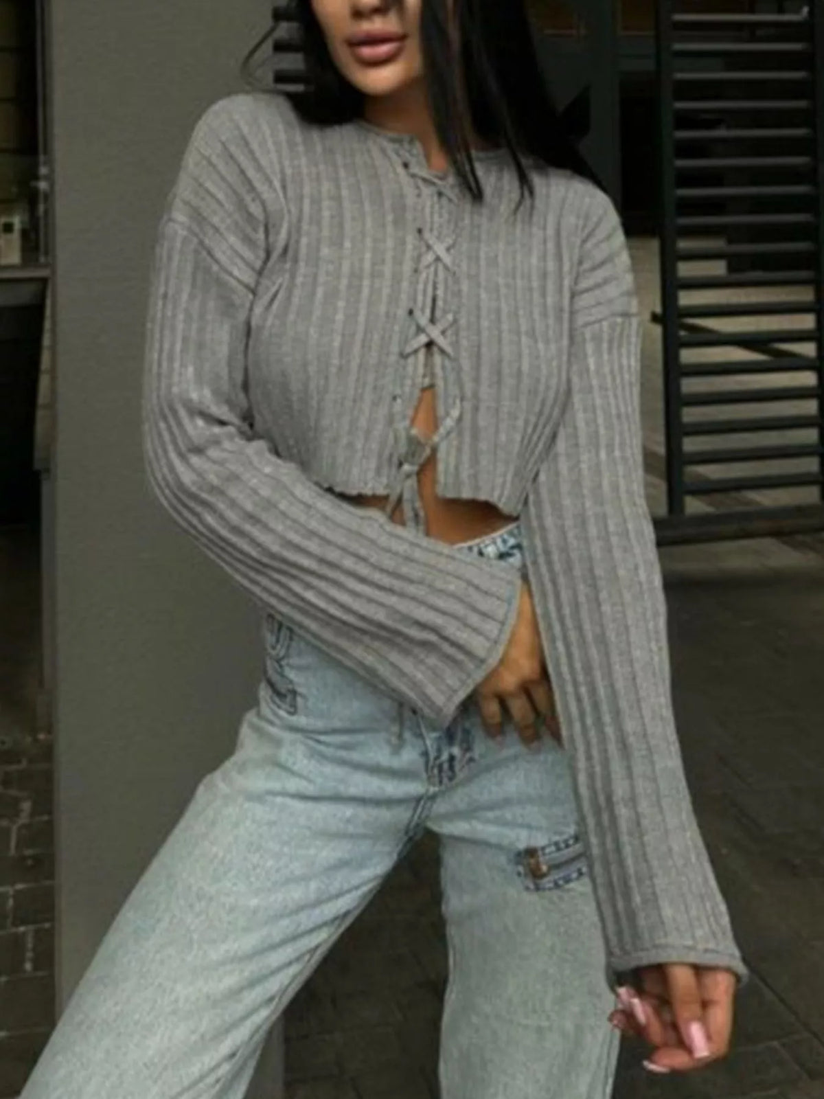 ribbed lace-up crop sweater – | dropsona - neutral - packaging