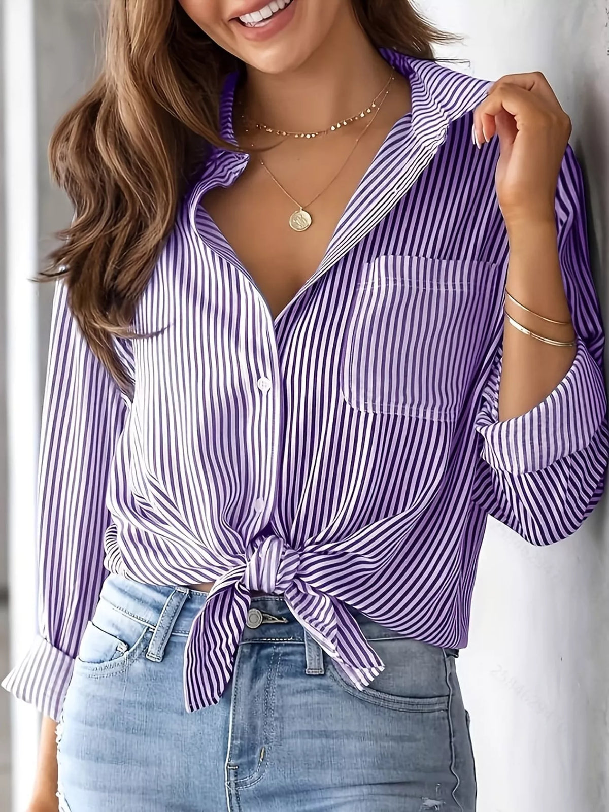 full size striped button-down long sleeve shirt plus | dropsona - neutral - close-up detail