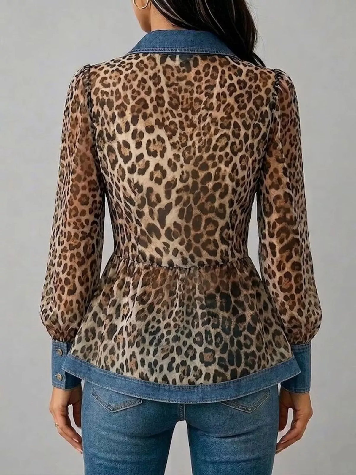 full size leopard print blouse with denim contrast | dropsona - neutral - front view