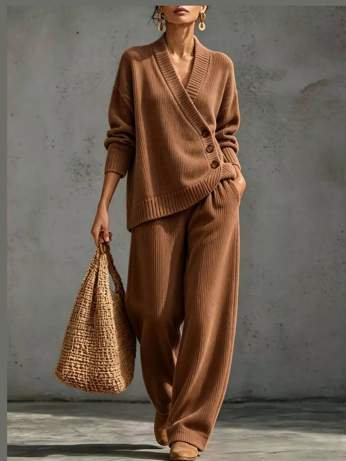 full size elegant v-neck wrap sweater and wide-leg | dropsona - neutral - material texture