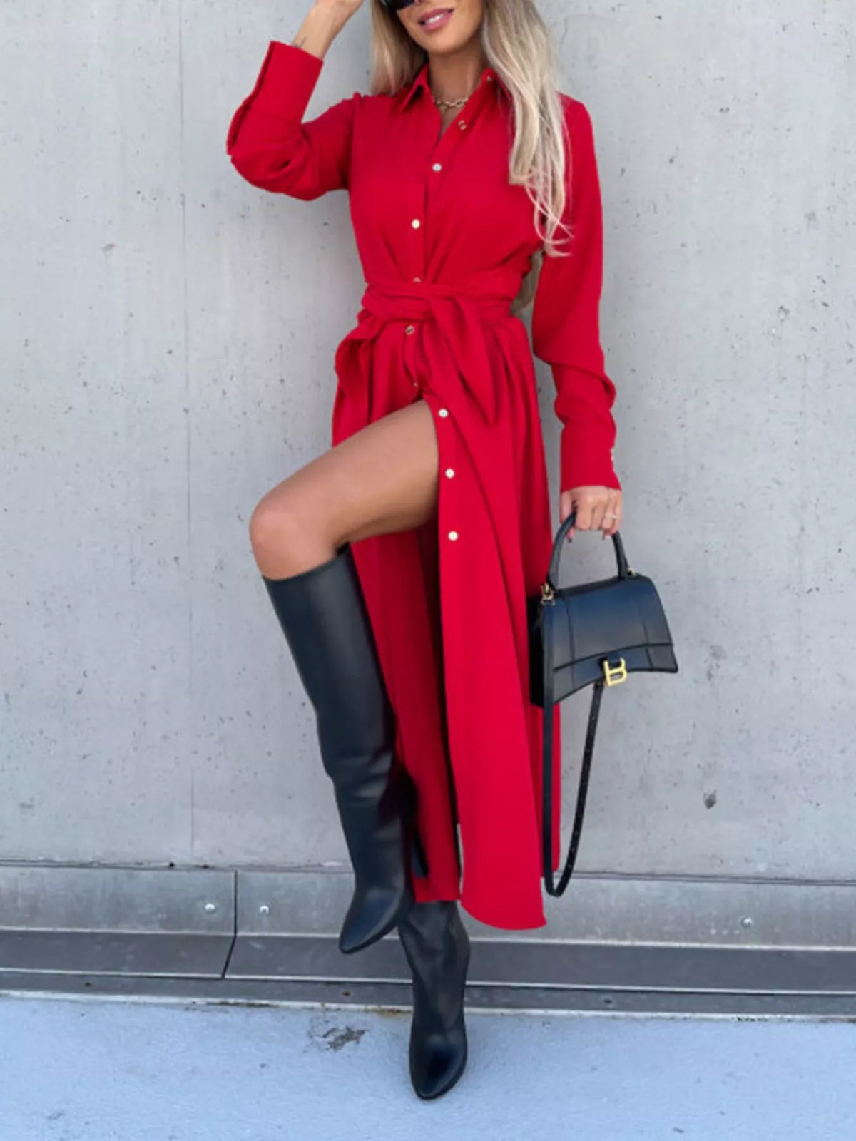 full size tie waist long sleeve shirt dress plus | dropsona - neutral - material texture
