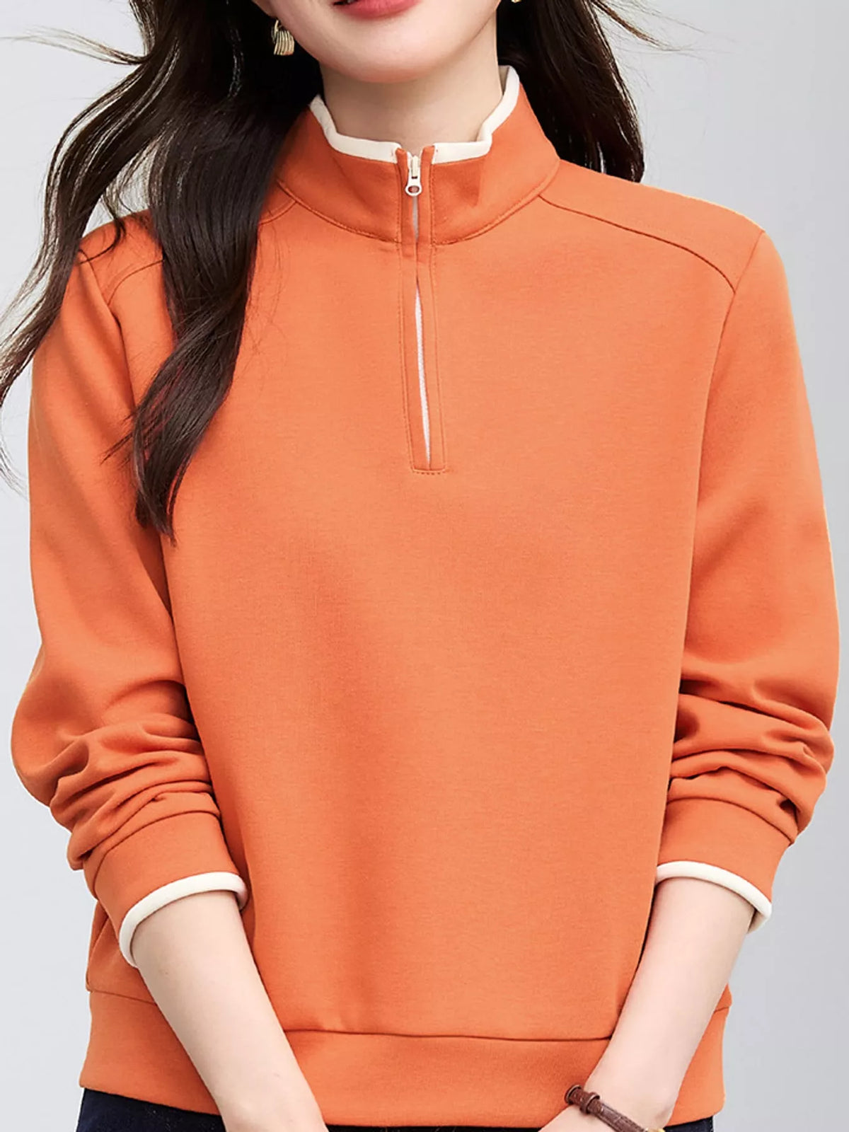 plus size quarter-zip sweatshirt with contrast collar | dropsona - neutral - size reference