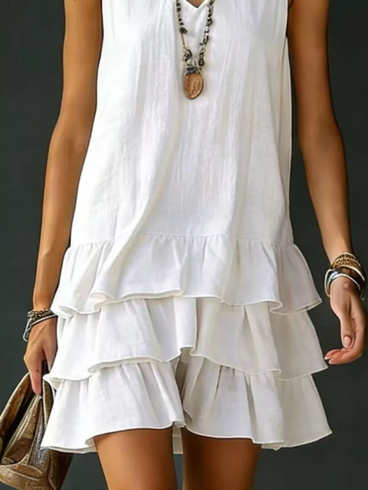 full size ruffled hem v-neck sleeveless dress plus size - front view