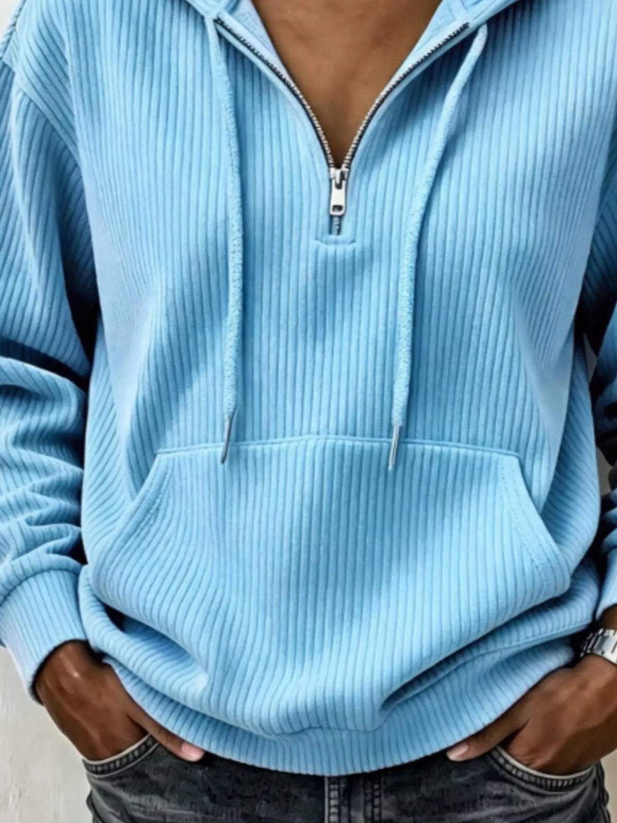 ribbed knit quarter-zip hoodie | dropsona - neutral - close-up detail