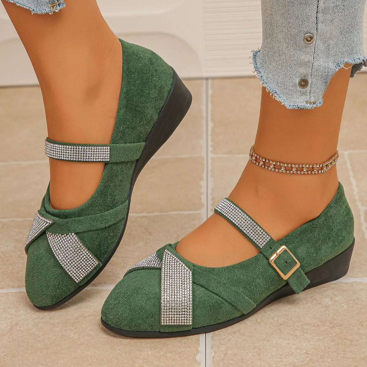 rhinestone embellished suede loafers with adjustable | dropsona - neutral - size reference
