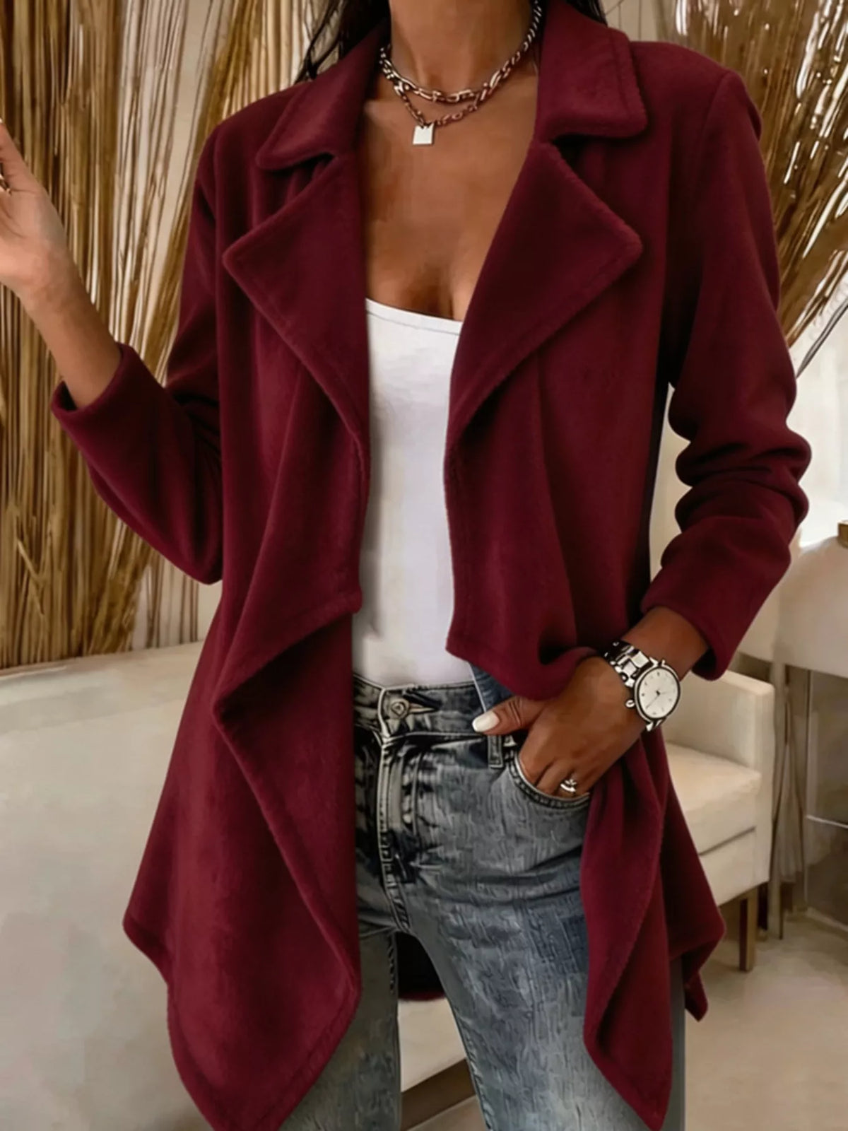 full size fleece waterfall collar outerwear plus | dropsona - neutral - close-up detail