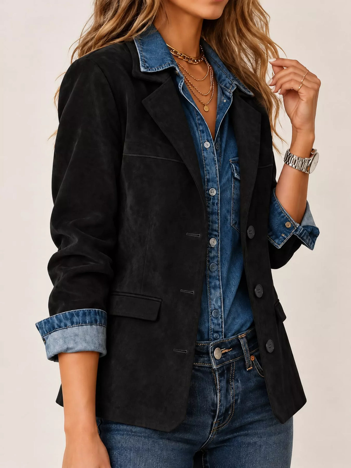 full size lapel collar button up blazer plus | dropsona - neutral - usage example